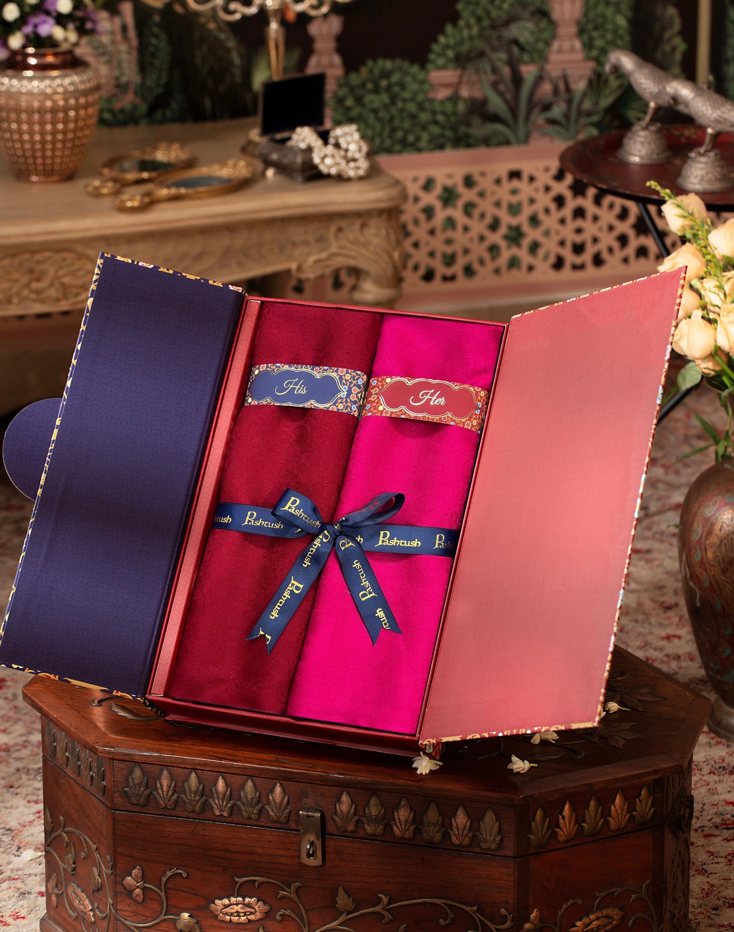 Pashtush India Gift Pack Pashtush His And Her Set Of Fine Wool Stoles, Premium Gift Box Packaging, Maroon and Neo Pink