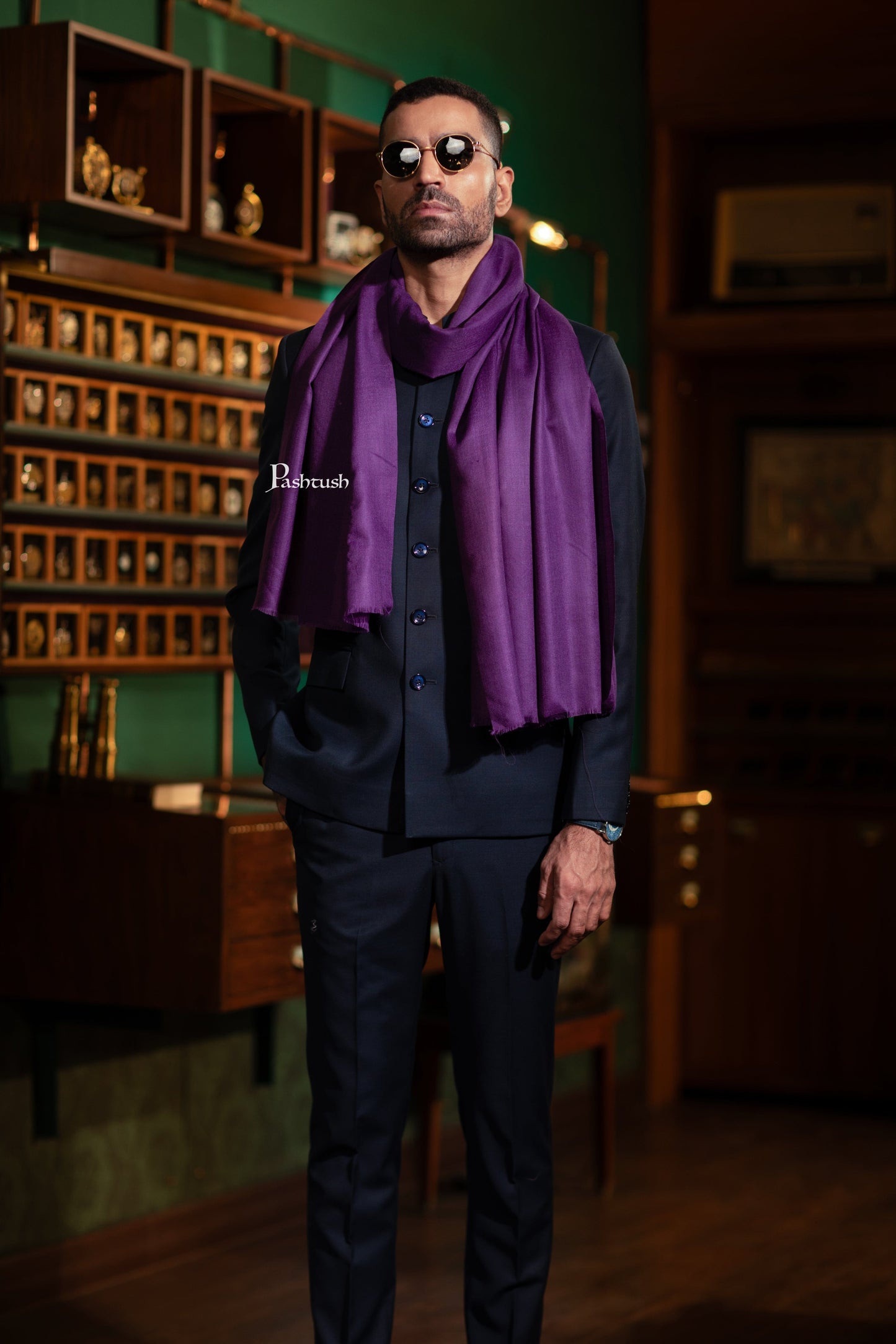 Pashtush India Gift Pack Pashtush His And Her Set Of Fine Wool Stoles, Premium Gift Box Packaging, Purple and Green