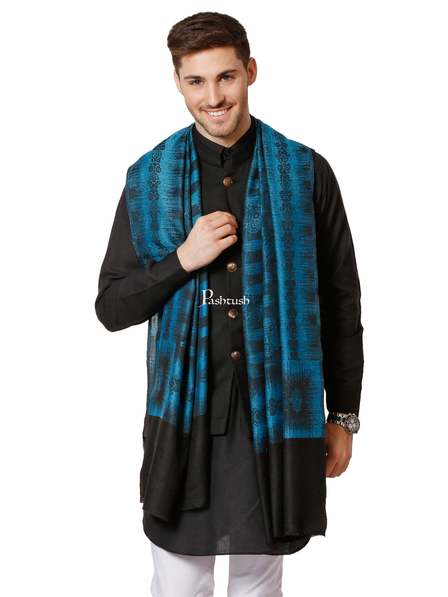 Pashtush India Gift Pack Pashtush His And Her Set Of Ikkat Design Stoles With Premium Gift Box Packaging, Pacific Blue and Maroon