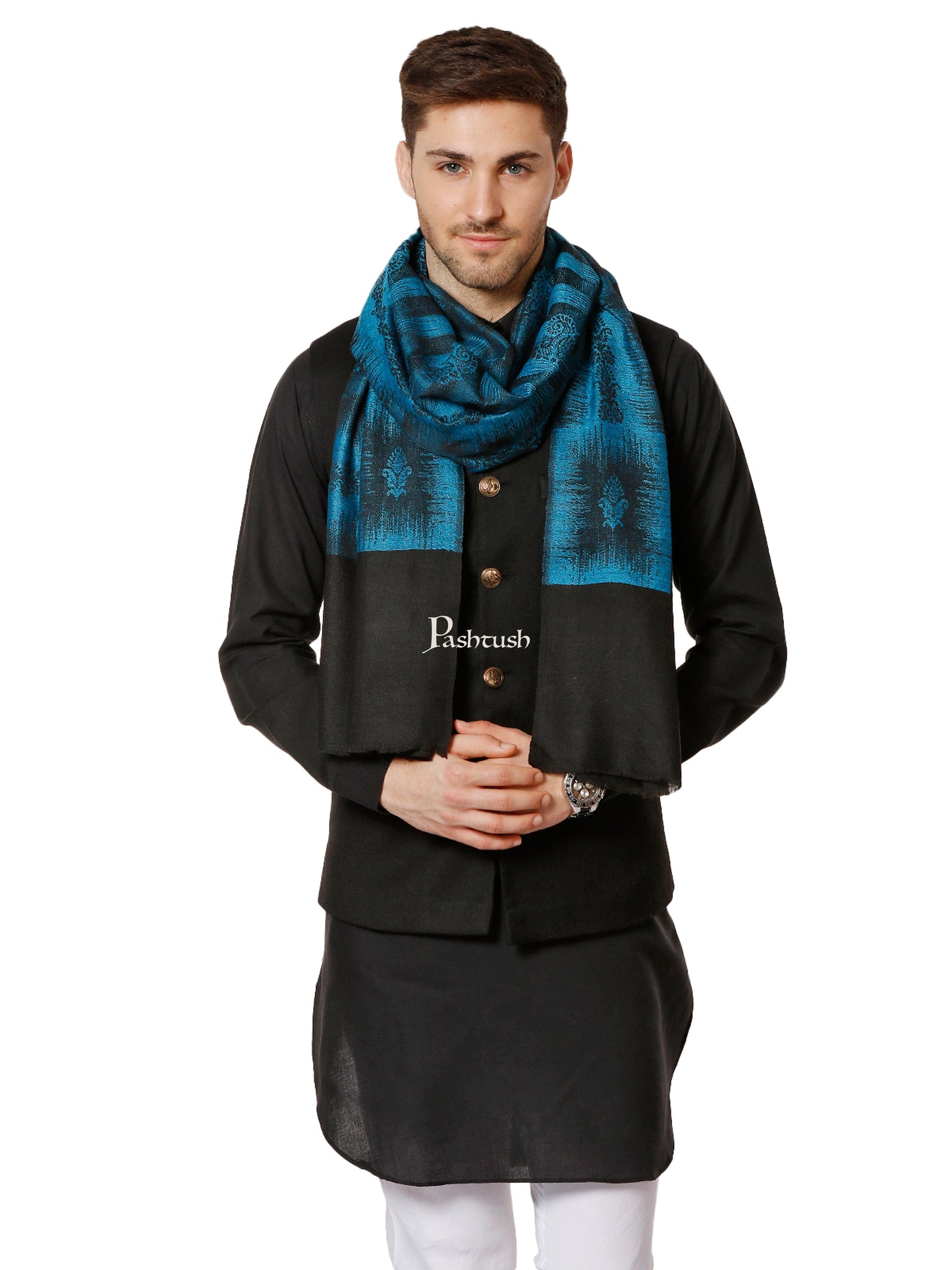 Pashtush India Gift Pack Pashtush His And Her Set Of Ikkat Design Stoles With Premium Gift Box Packaging, Pacific Blue and Maroon