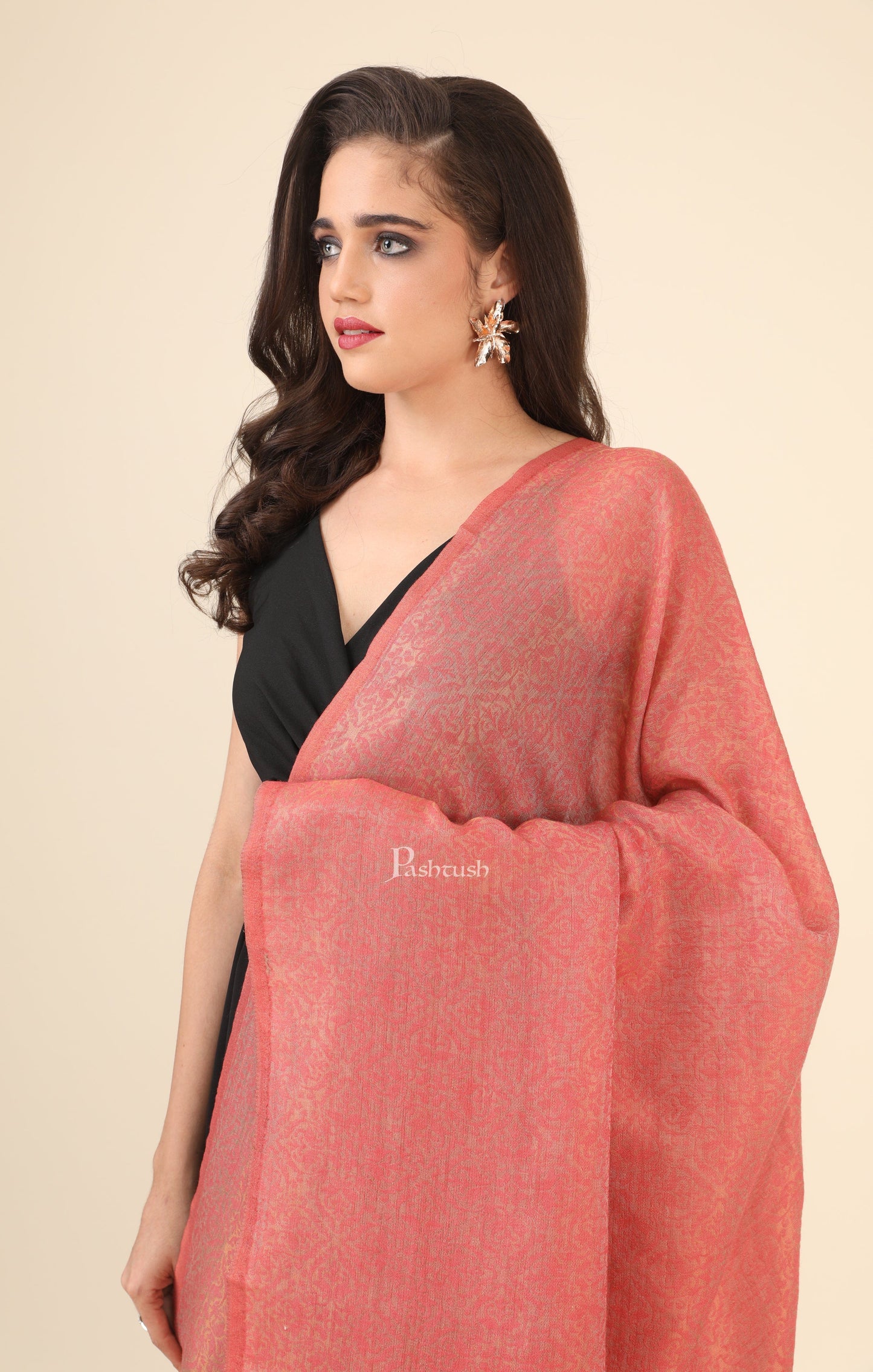 Pashtush India Gift Pack Pashtush His And Her Set Of Jaquard Metallic Weave Stole and Shawl With Premium Gift Box Packaging, Black and Pink
