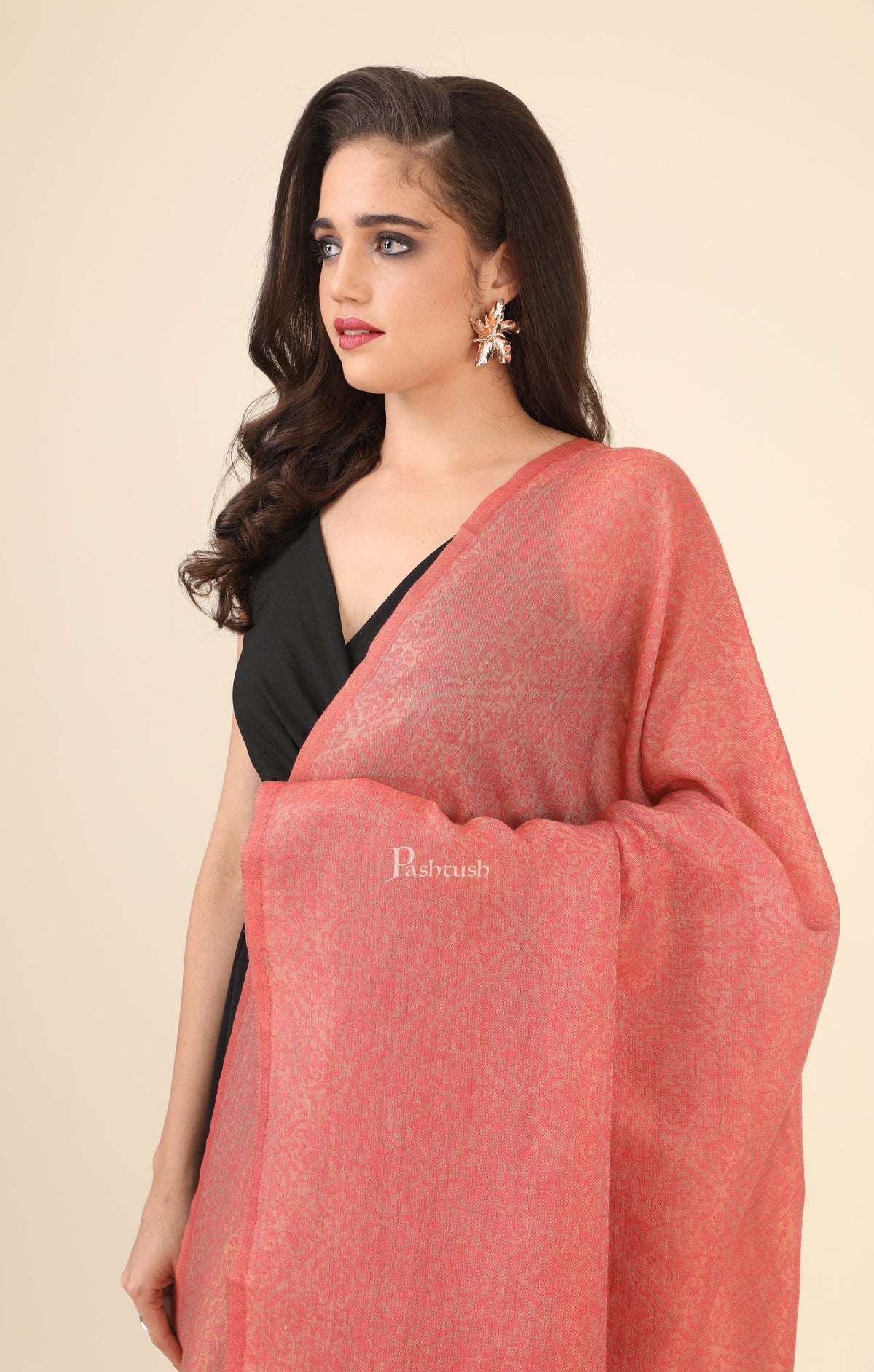 Pashtush India Gift Pack Pashtush His And Her Set Of Jaquard Metallic Weave Stole and Shawl With Premium Gift Box Packaging, Black and Pink