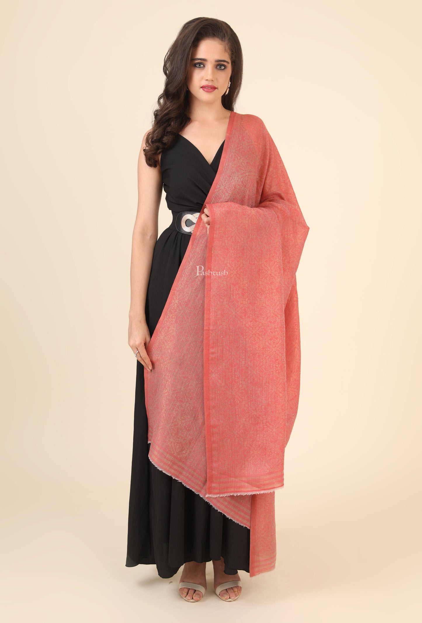 Pashtush India Gift Pack Pashtush His And Her Set Of Jaquard Metallic Weave Stole and Shawl With Premium Gift Box Packaging, Black and Pink