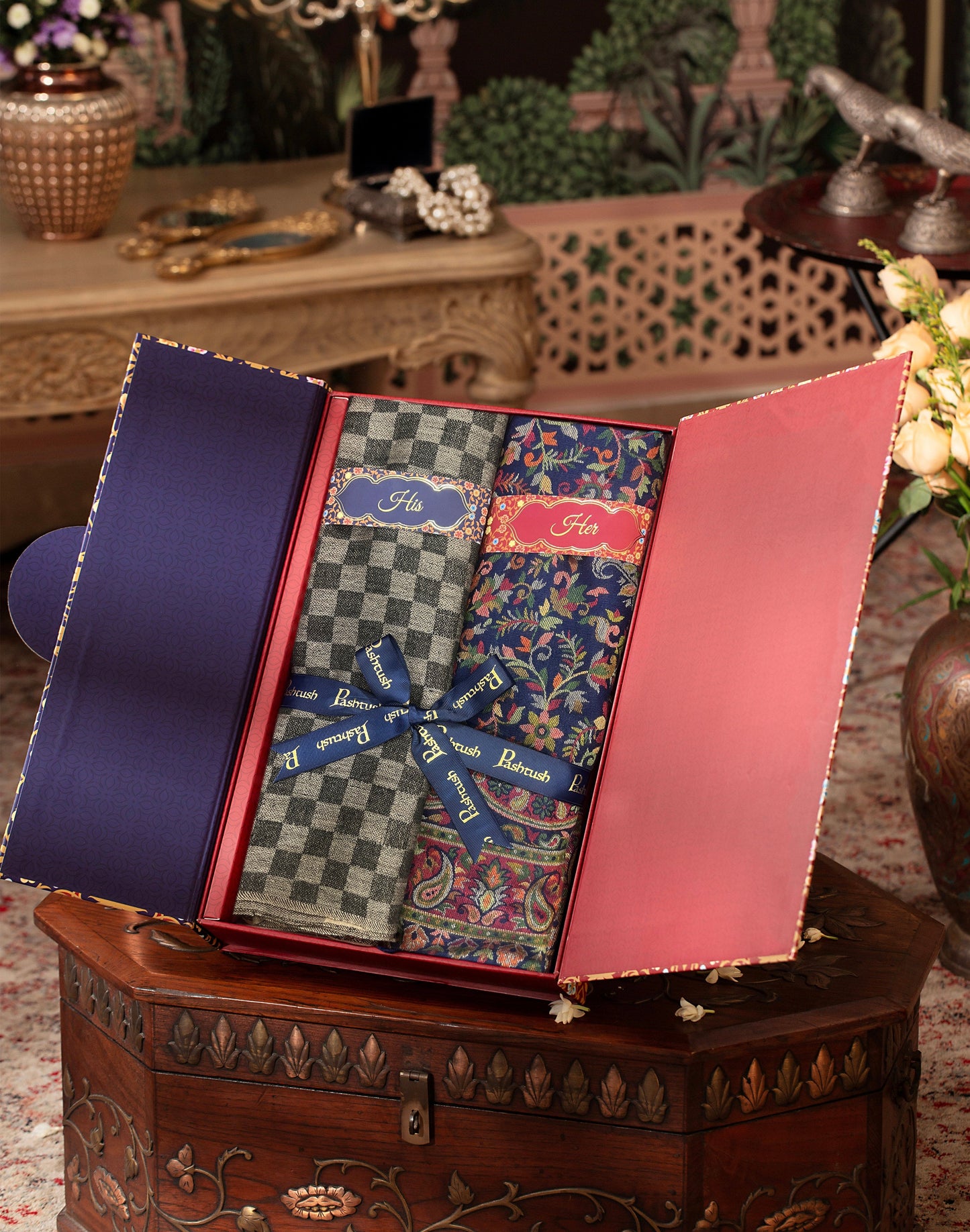 Pashtush India Gift Pack Pashtush His And Her Set Of Mens Checkerd Stole and Womens Faux Pashmina Shawl, Premium Gift Box Packaging, Black and Multicolour