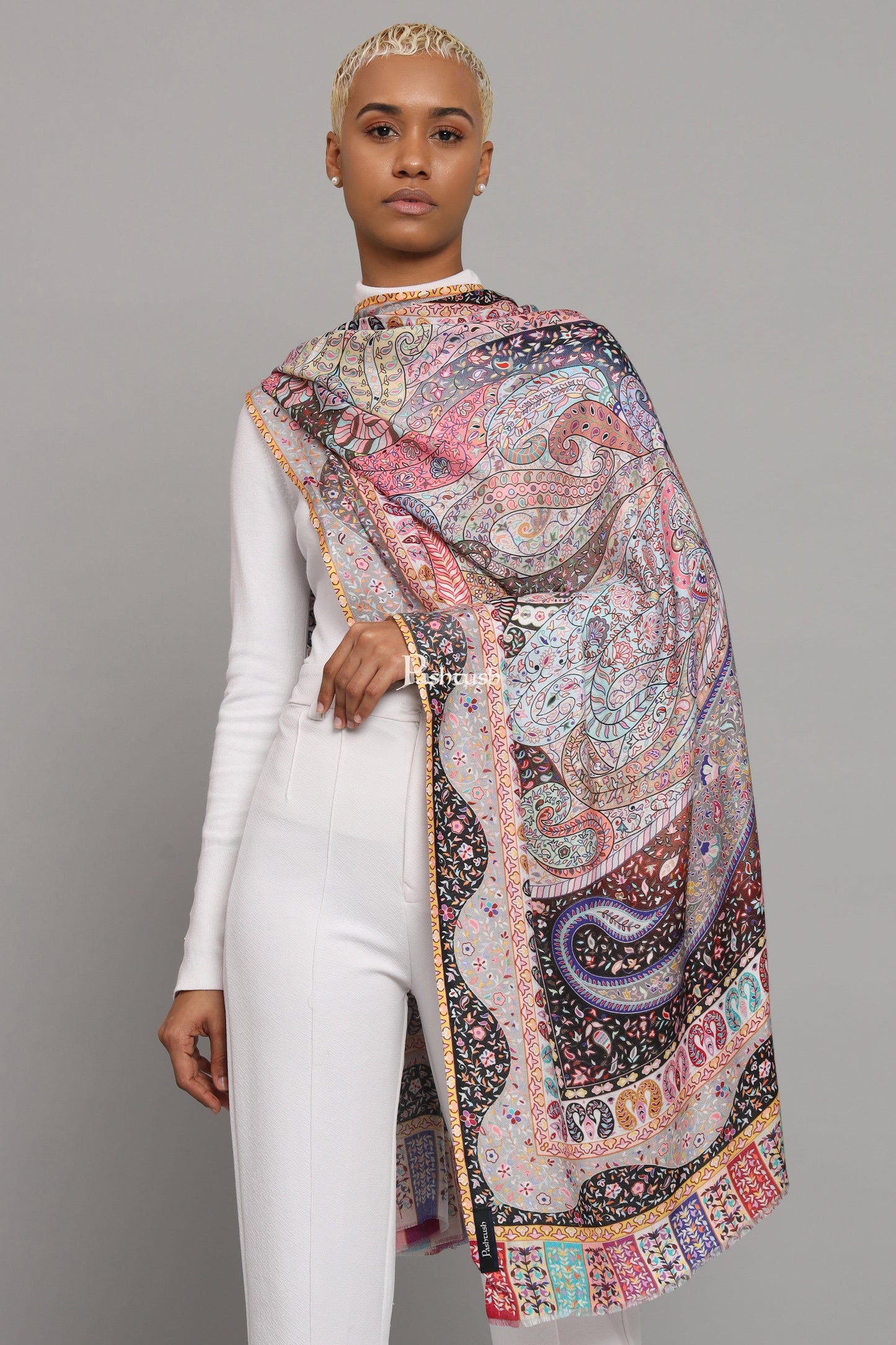 Pashtush India Gift Pack Pashtush His And Her Set Of Mens Fine Wool Stole and Womens Bamboo Stole, Premium Gift Box Packaging, Black and Multicolour