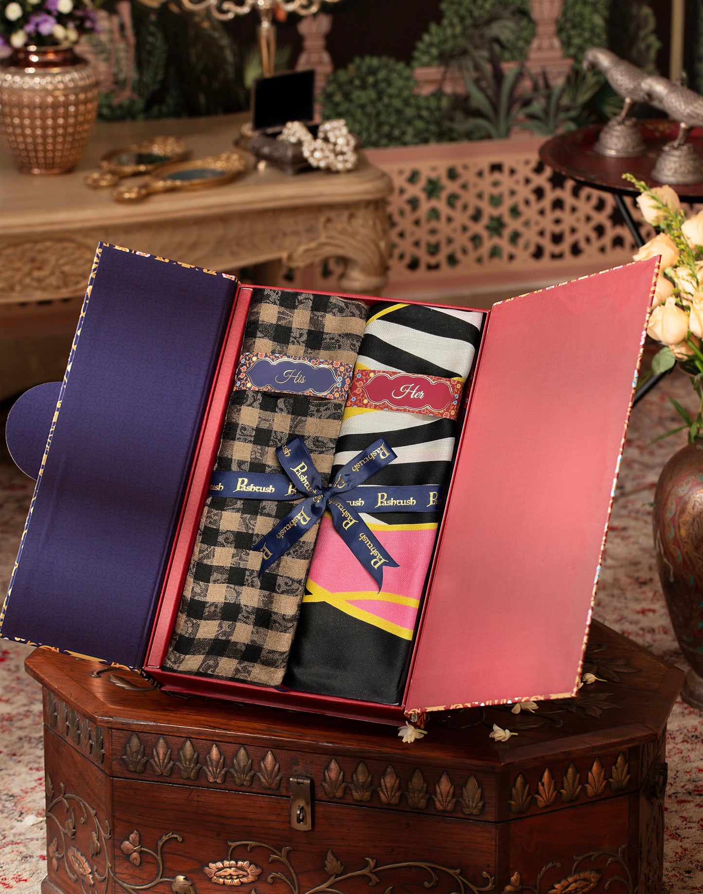 Pashtush India Gift Pack Pashtush His And Her Set Of Mens Fine Wool Stole and Womens Bamboo Stole, Premium Gift Box Packaging, Black and Multicolour