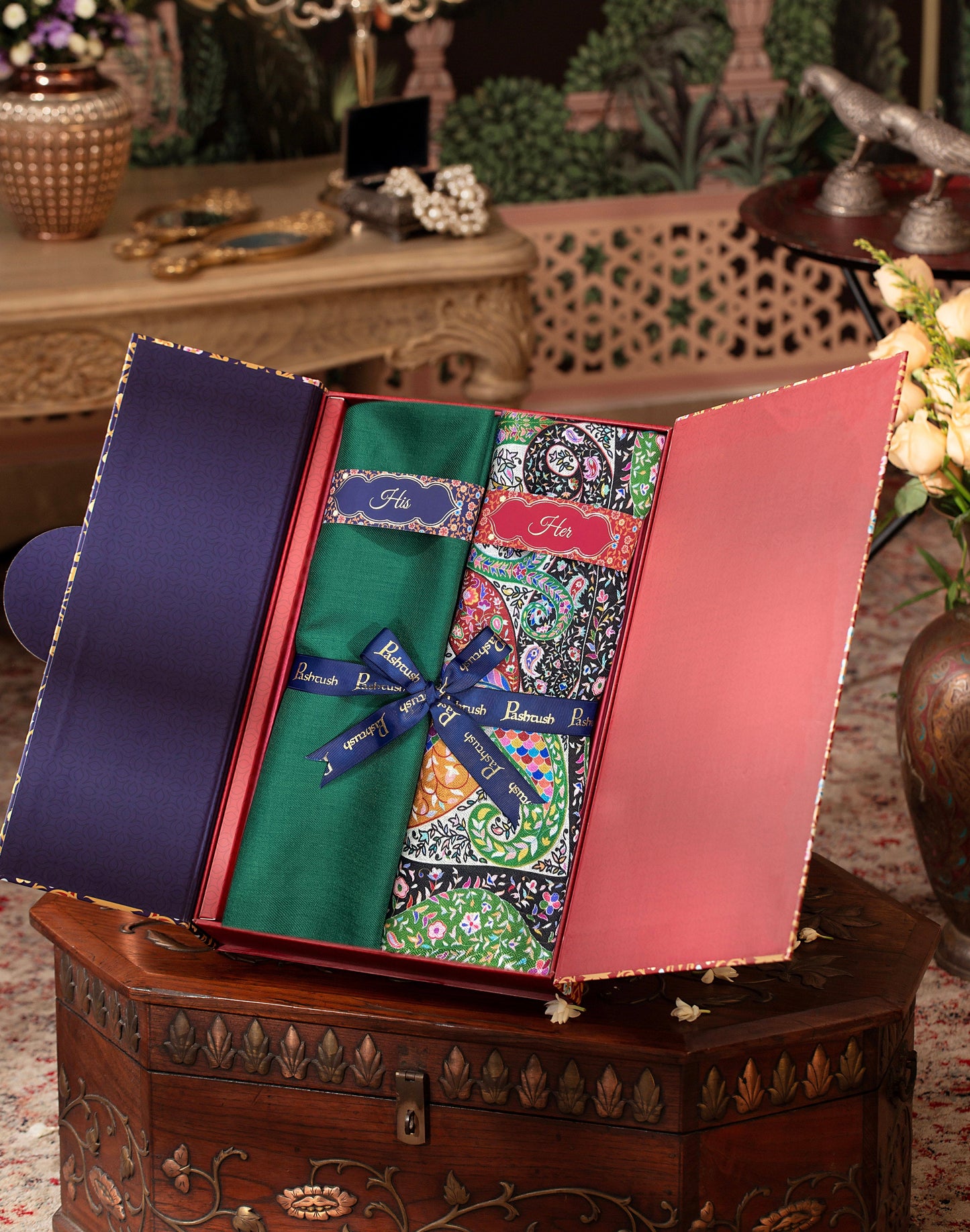 Pashtush India Gift Pack Pashtush His And Her Set Of Mens Fine Wool Stole and Womens Bamboo Stole, Premium Gift Box Packaging, Green and Multicolour