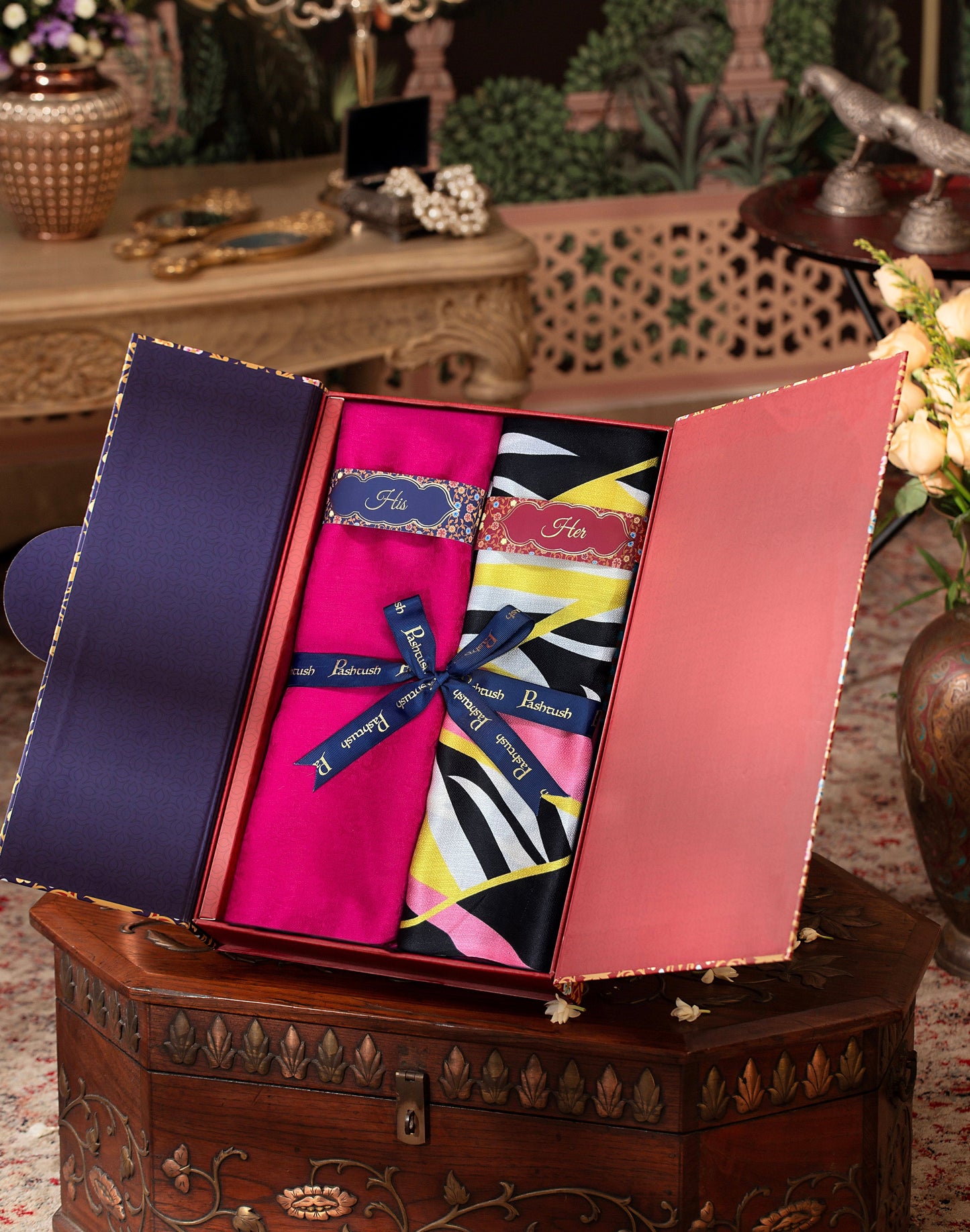 Pashtush India Gift Pack Pashtush His And Her Set Of Mens Fine Wool Stole and Womens Bamboo Stole, Premium Gift Box Packaging, Pink and Multicolour