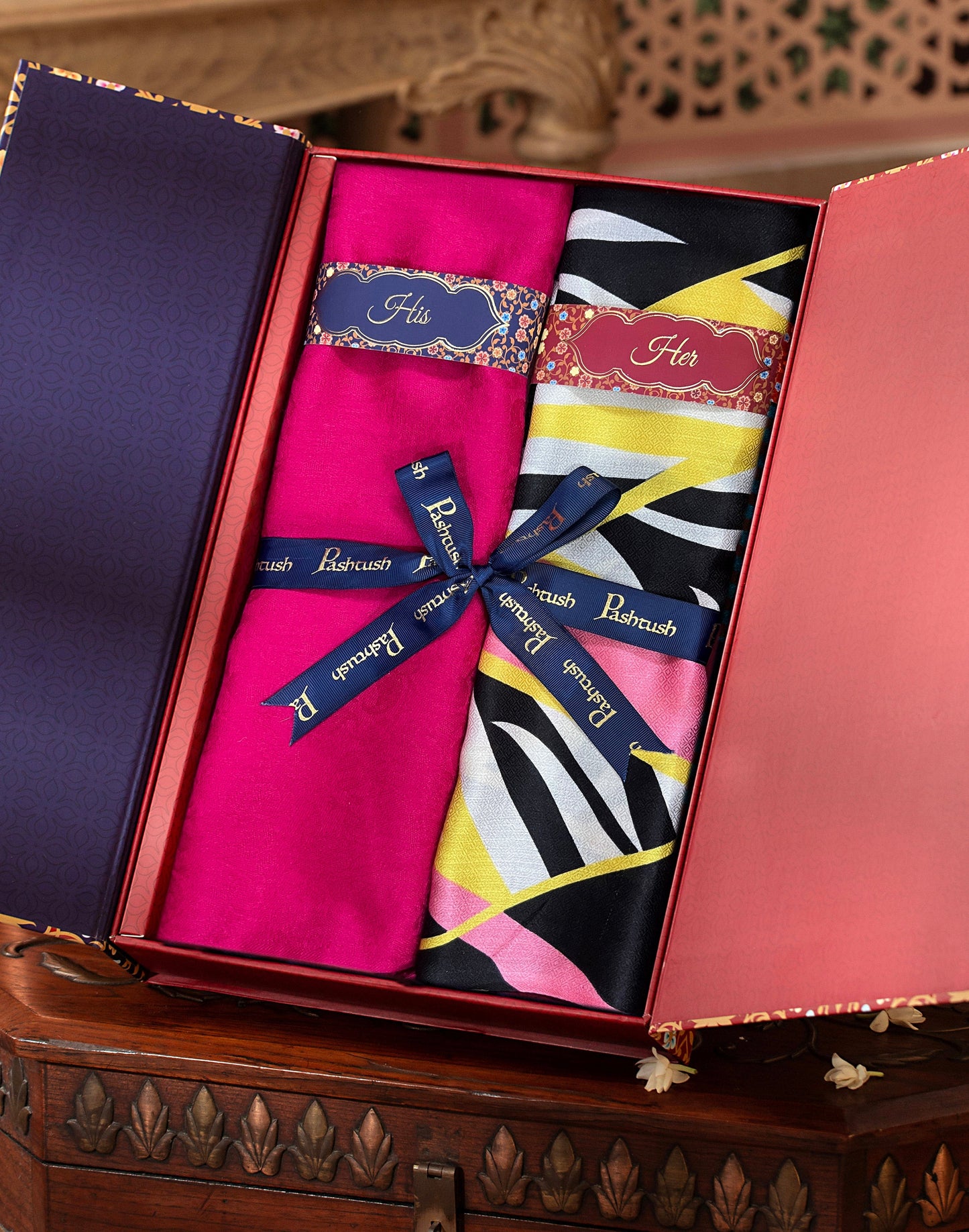 Pashtush India Gift Pack Pashtush His And Her Set Of Mens Fine Wool Stole and Womens Bamboo Stole, Premium Gift Box Packaging, Pink and Multicolour