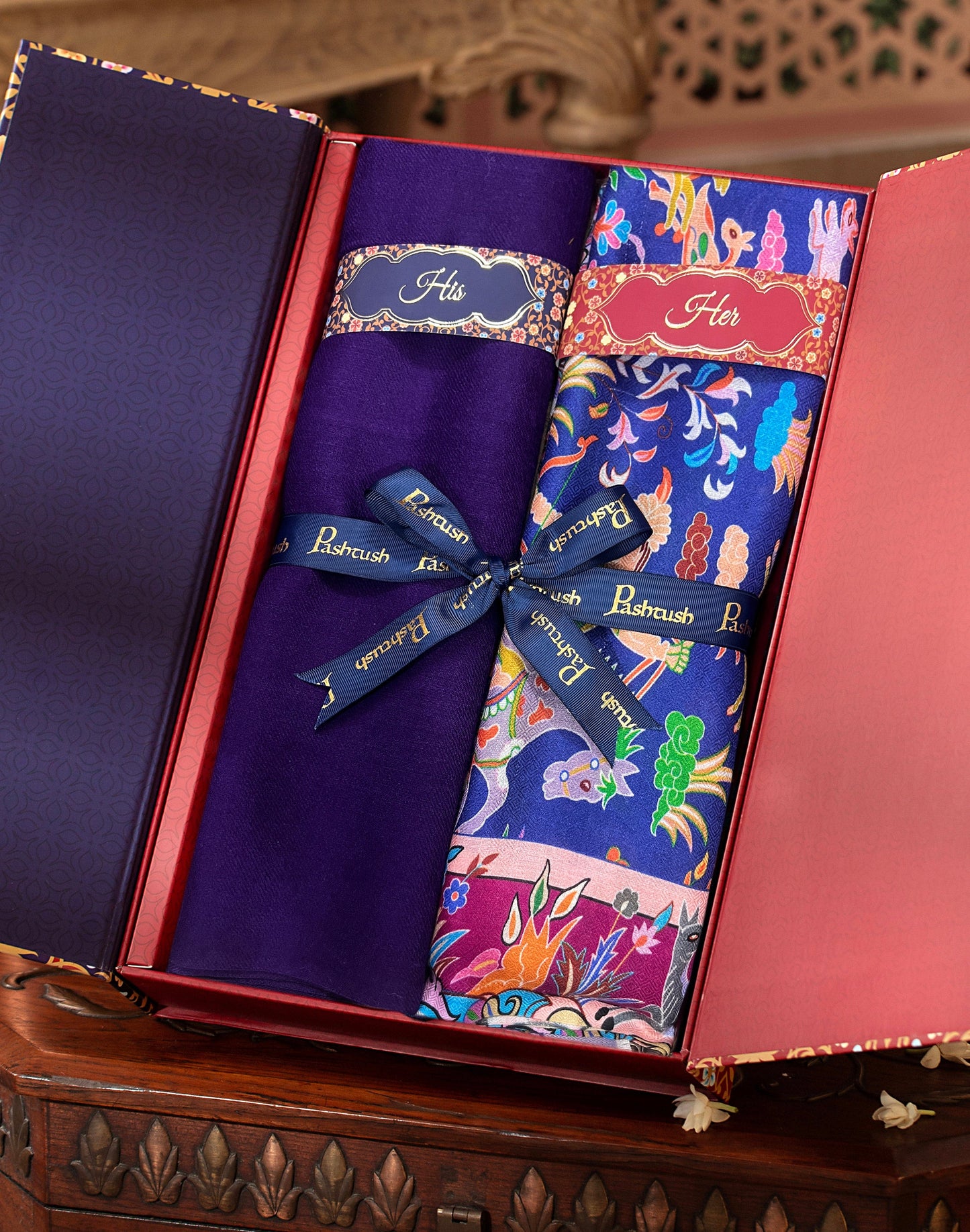 Pashtush India Gift Pack Pashtush His And Her Set Of Mens Fine Wool Stole and Womens Bamboo Stole, Premium Gift Box Packaging, Purple and Multicolour