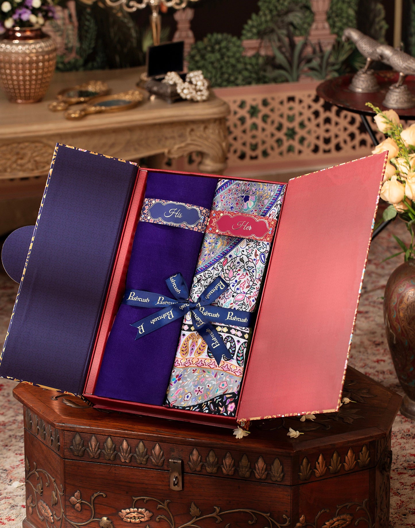 Pashtush India Gift Pack Pashtush His And Her Set Of Mens Fine Wool Stole and Womens Bamboo Stole, Premium Gift Box Packaging, Purple and Multicolour