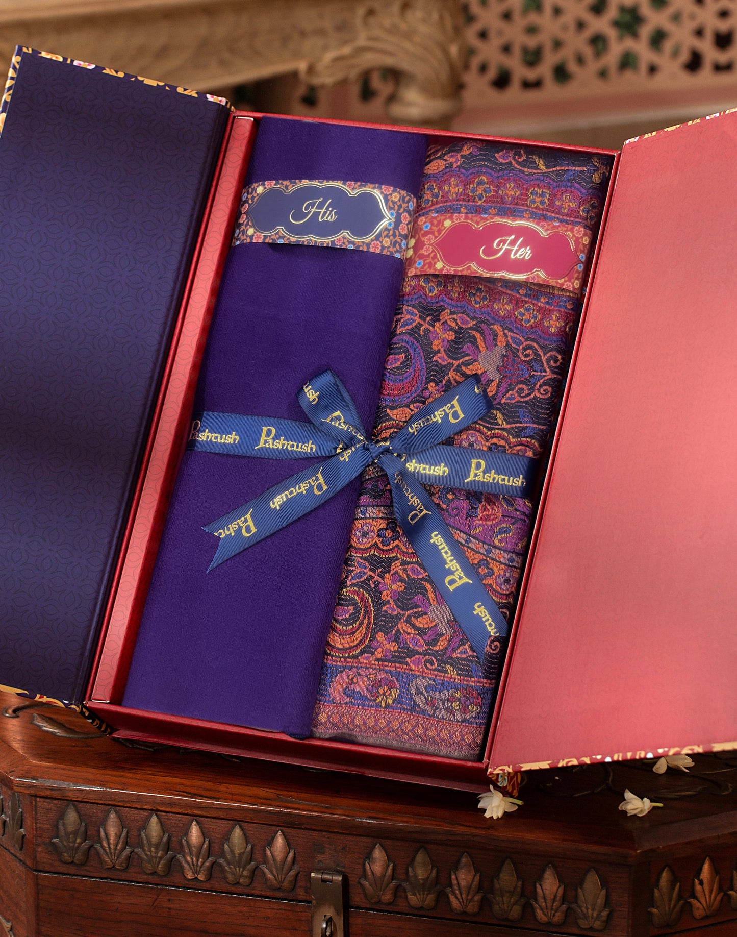 Pashtush India Gift Pack Pashtush His And Her Set Of Mens Fine Wool Stole and Womens Bamboo Stole, Premium Gift Box Packaging, Purple and Taupe