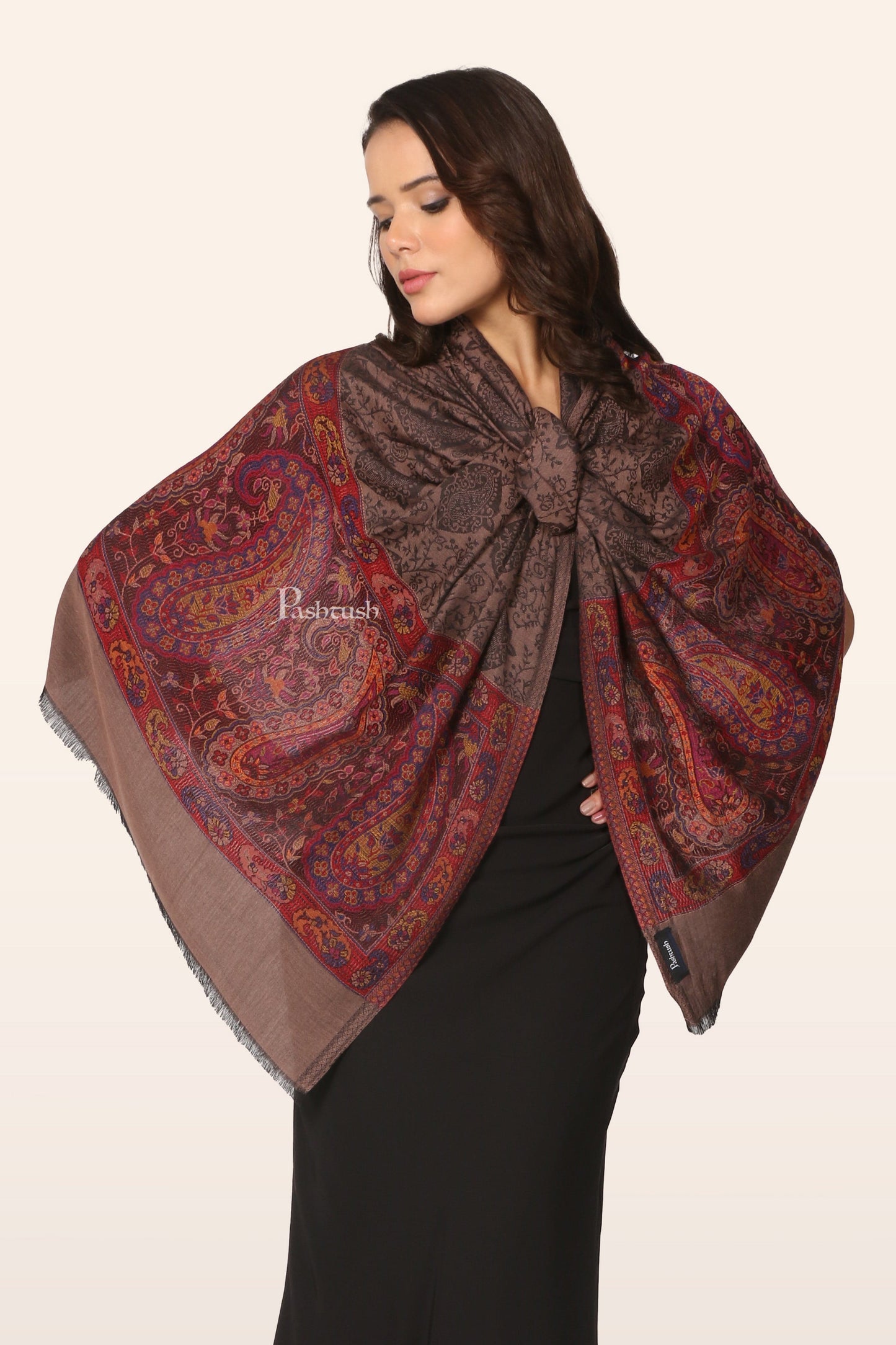 Pashtush India Gift Pack Pashtush His And Her Set Of Mens Fine Wool Stole and Womens Bamboo Stole, Premium Gift Box Packaging, Purple and Taupe