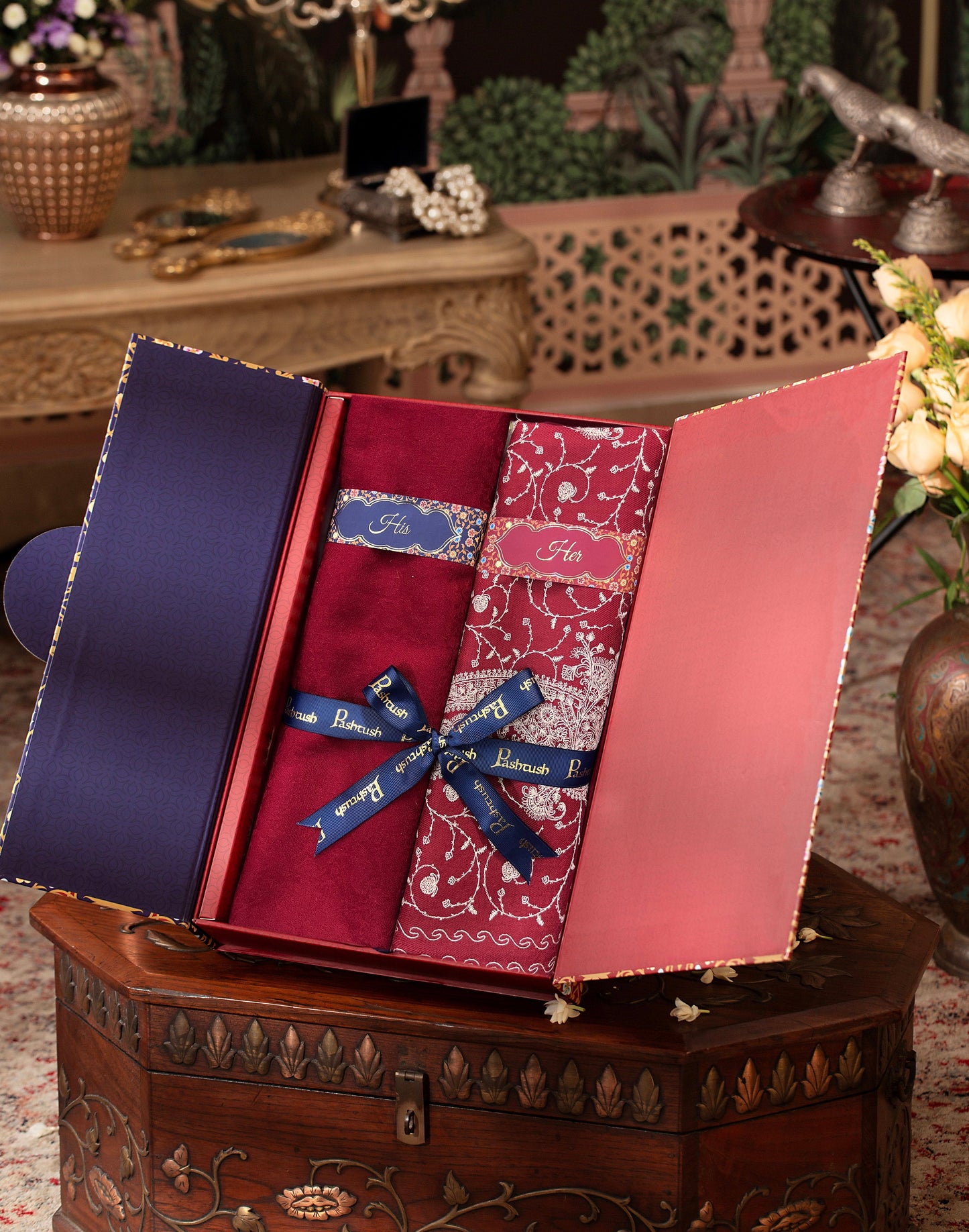 Pashtush India Gift Pack Pashtush His And Her Set Of Mens Fine Wool Stole and Womens Embroidery Shawl, Premium Gift Box Packaging, Maroon