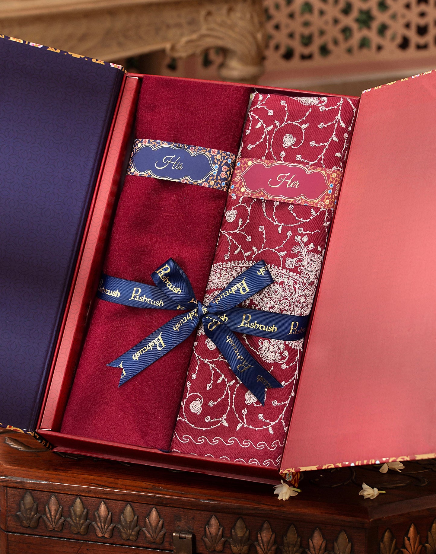Pashtush India Gift Pack Pashtush His And Her Set Of Mens Fine Wool Stole and Womens Embroidery Shawl, Premium Gift Box Packaging, Maroon