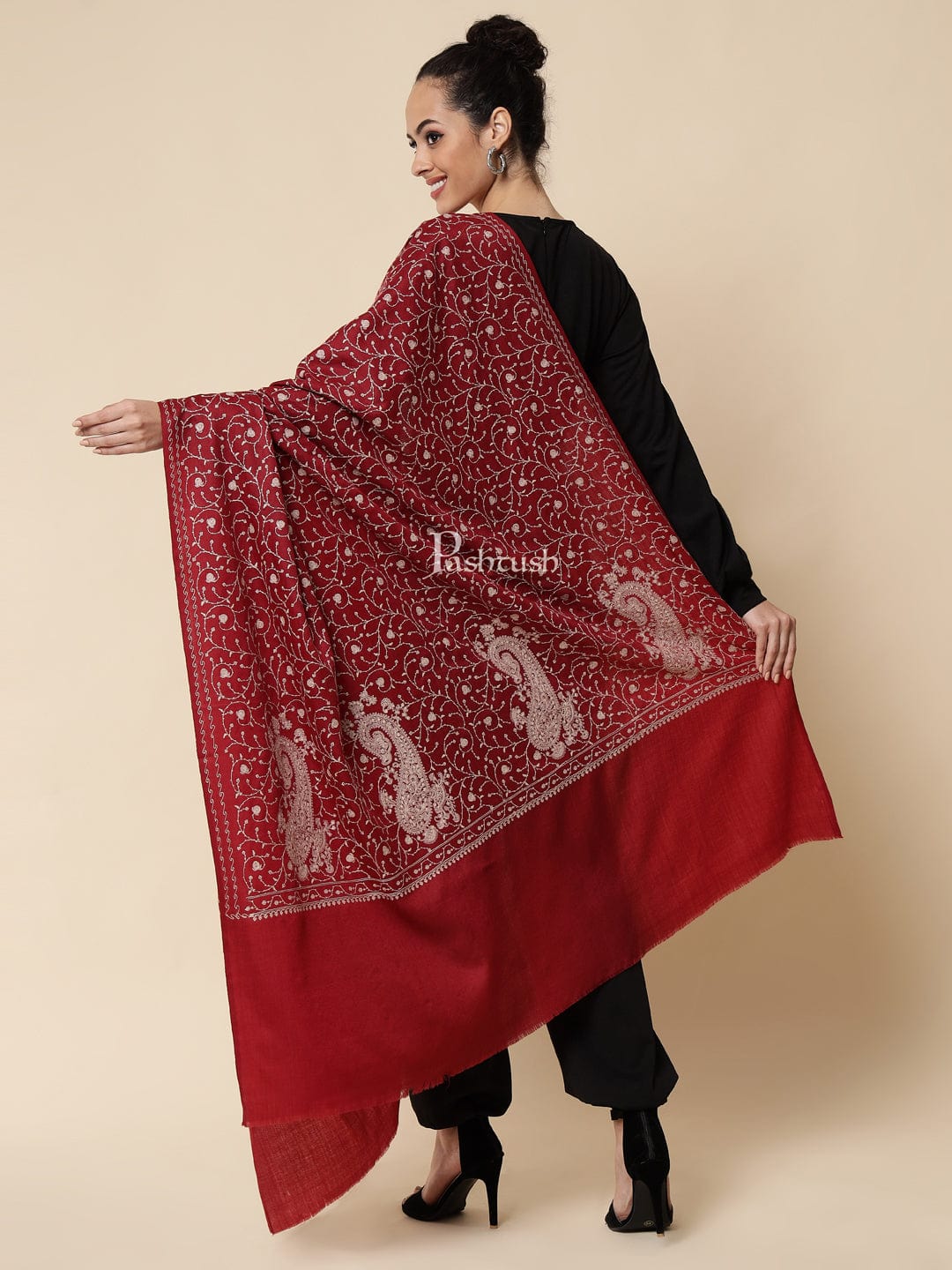 Pashtush India Gift Pack Pashtush His And Her Set Of Mens Fine Wool Stole and Womens Embroidery Shawl, Premium Gift Box Packaging, Maroon