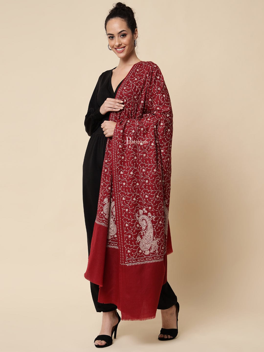Pashtush India Gift Pack Pashtush His And Her Set Of Mens Fine Wool Stole and Womens Embroidery Shawl, Premium Gift Box Packaging, Maroon