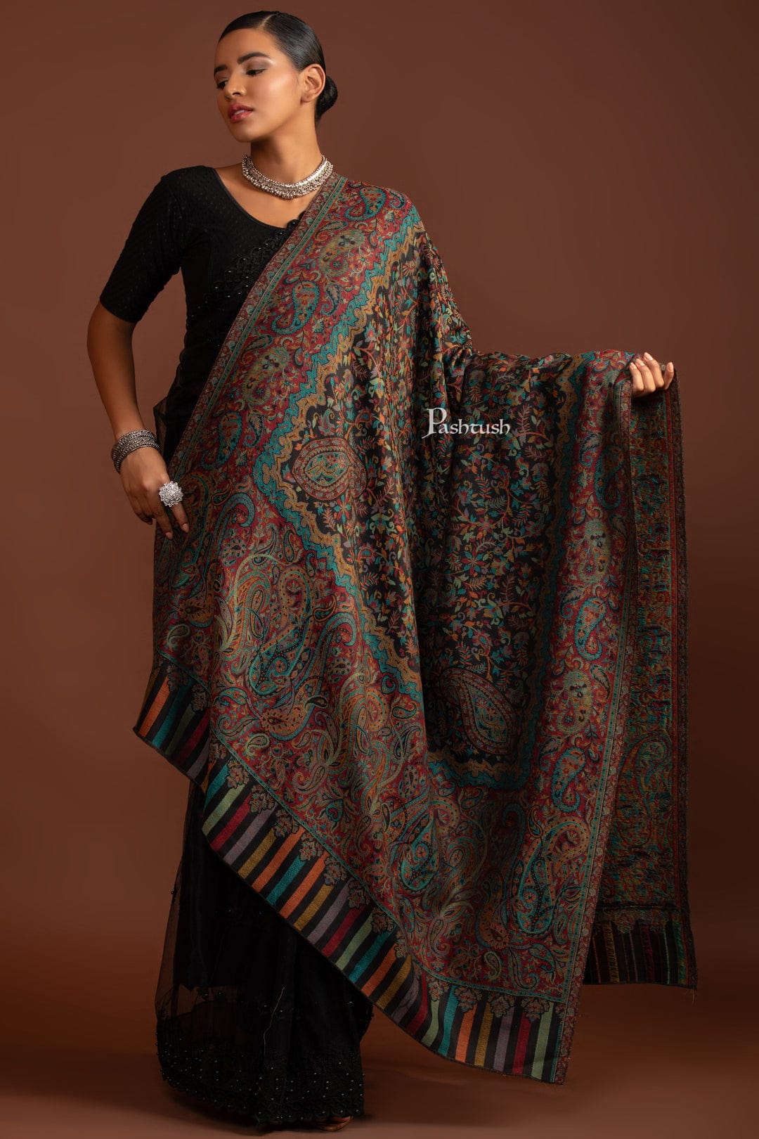 Pashtush India Gift Pack Pashtush His And Her Set Of Mens Fine Wool Stole and Womens Extra FIne Wool Shawl, Premium Gift Box Packaging, Maroon and Black