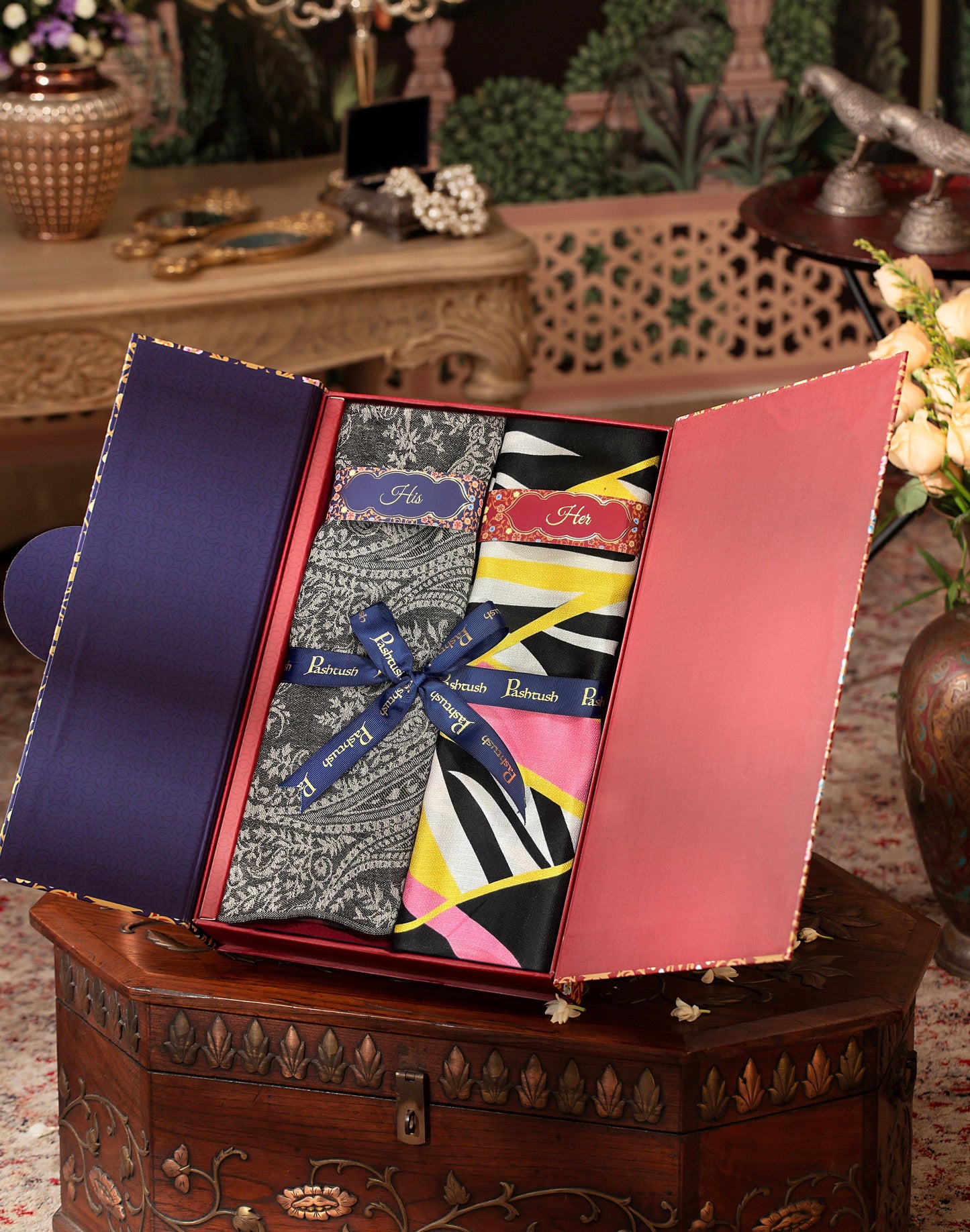 Pashtush India Gift Pack Pashtush His And Her Set Of Mens Fine Wool Stole and Womens Extra Soft Bamboo Stole, Premium Gift Box Packaging, Black and Multicolour