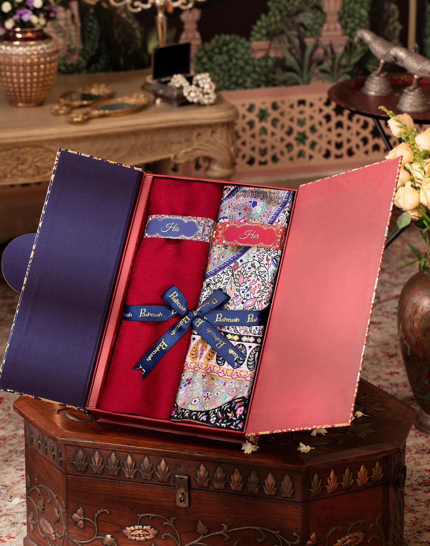 Pashtush India Gift Pack Pashtush His And Her Set Of Mens Fine Wool Stole and Womens Extra Soft Bamboo Stole, Premium Gift Box Packaging, Maroon and Multicolour