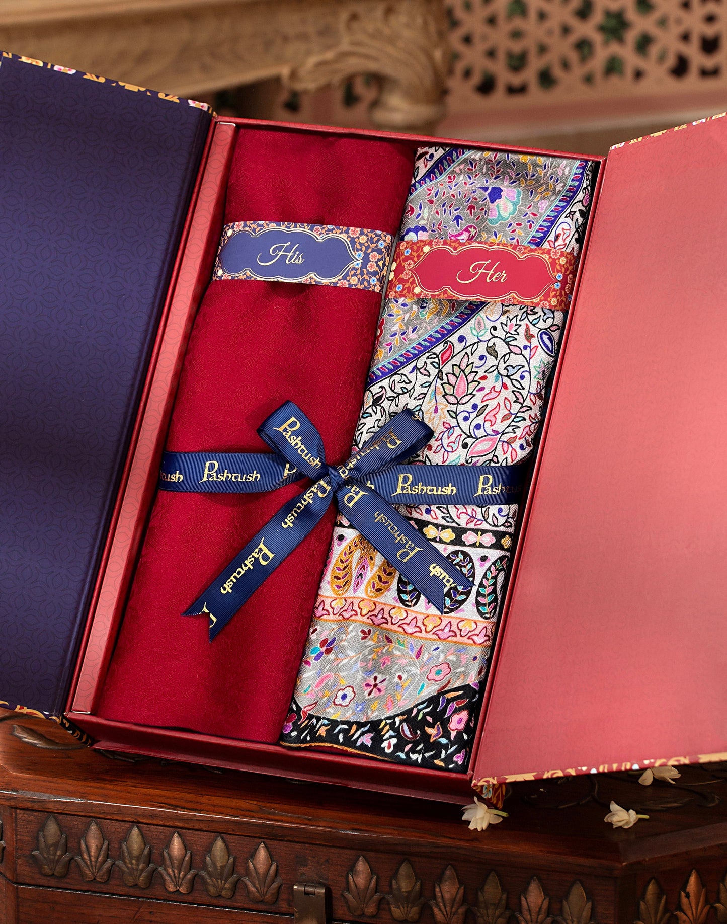 Pashtush India Gift Pack Pashtush His And Her Set Of Mens Fine Wool Stole and Womens Extra Soft Bamboo Stole, Premium Gift Box Packaging, Maroon and Multicolour