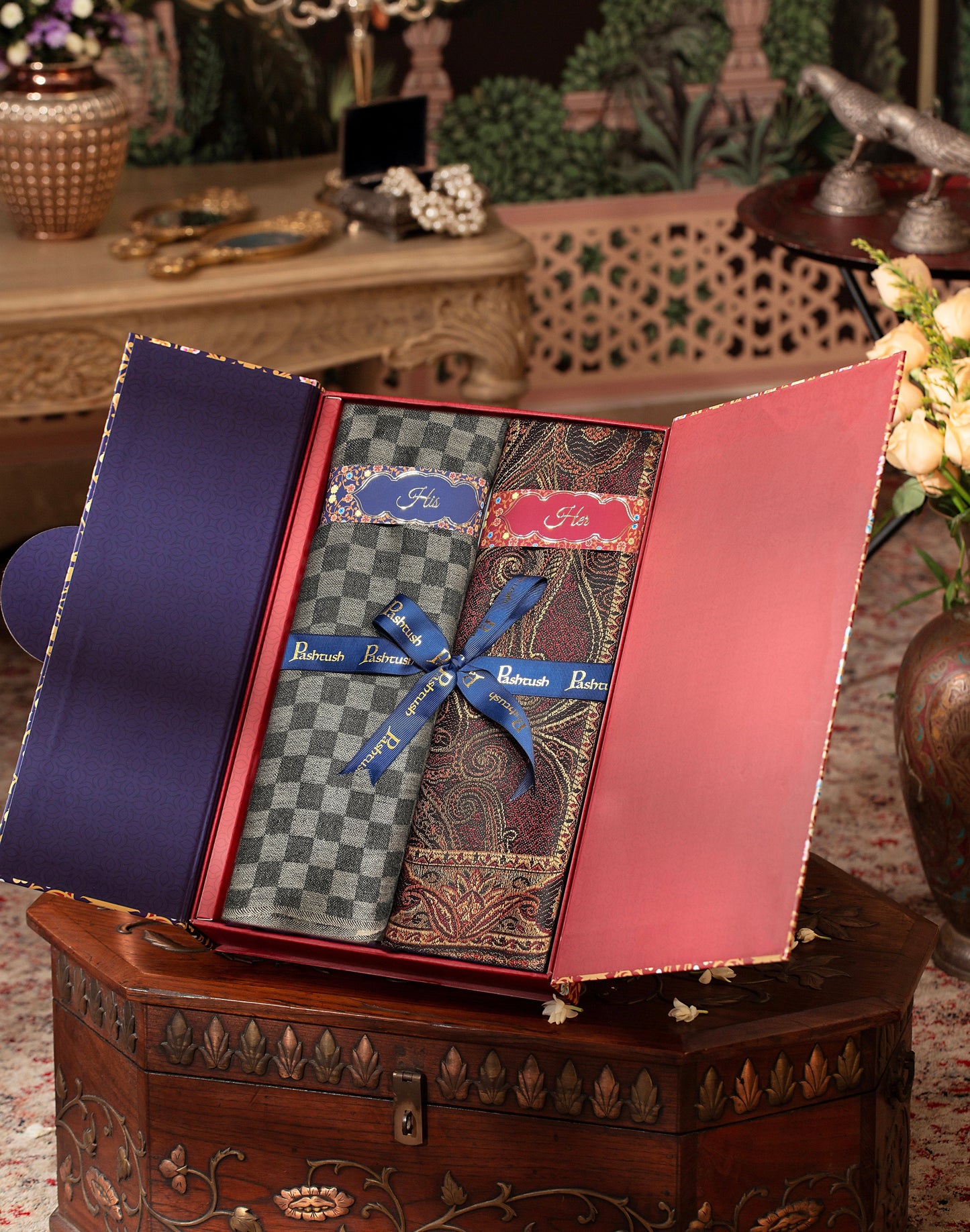 Pashtush India Gift Pack Pashtush His And Her Set Of Mens Fine Wool Stole and Womens Faux pashmina Stole, Premium Gift Box Packaging, Black