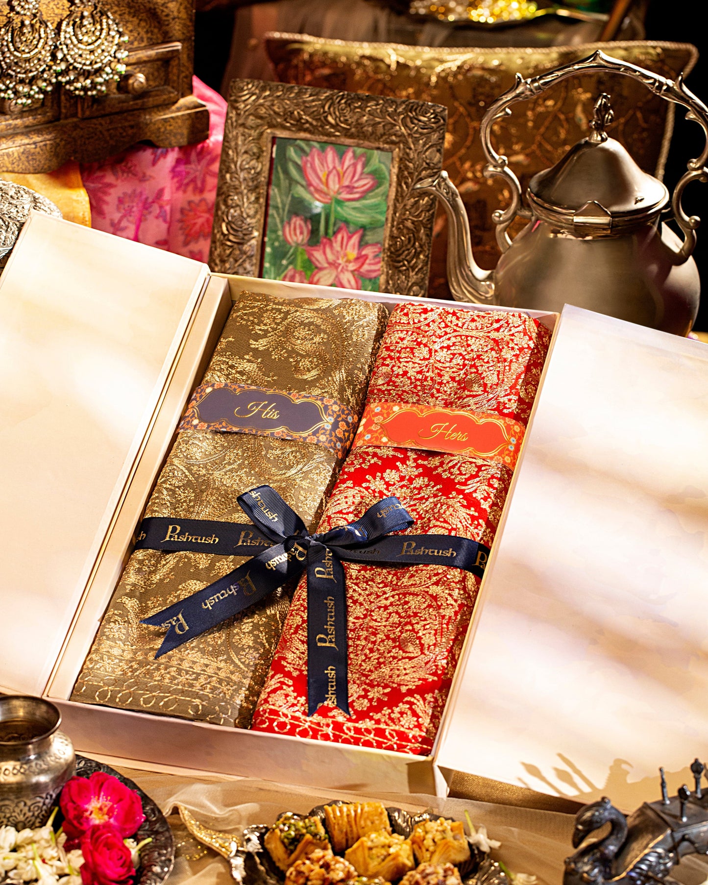 Pashtush India Gift Pack Pashtush His And Her Set Of Nalki Embroidery Stoles With Premium Gift Box Packaging, Beige and Red