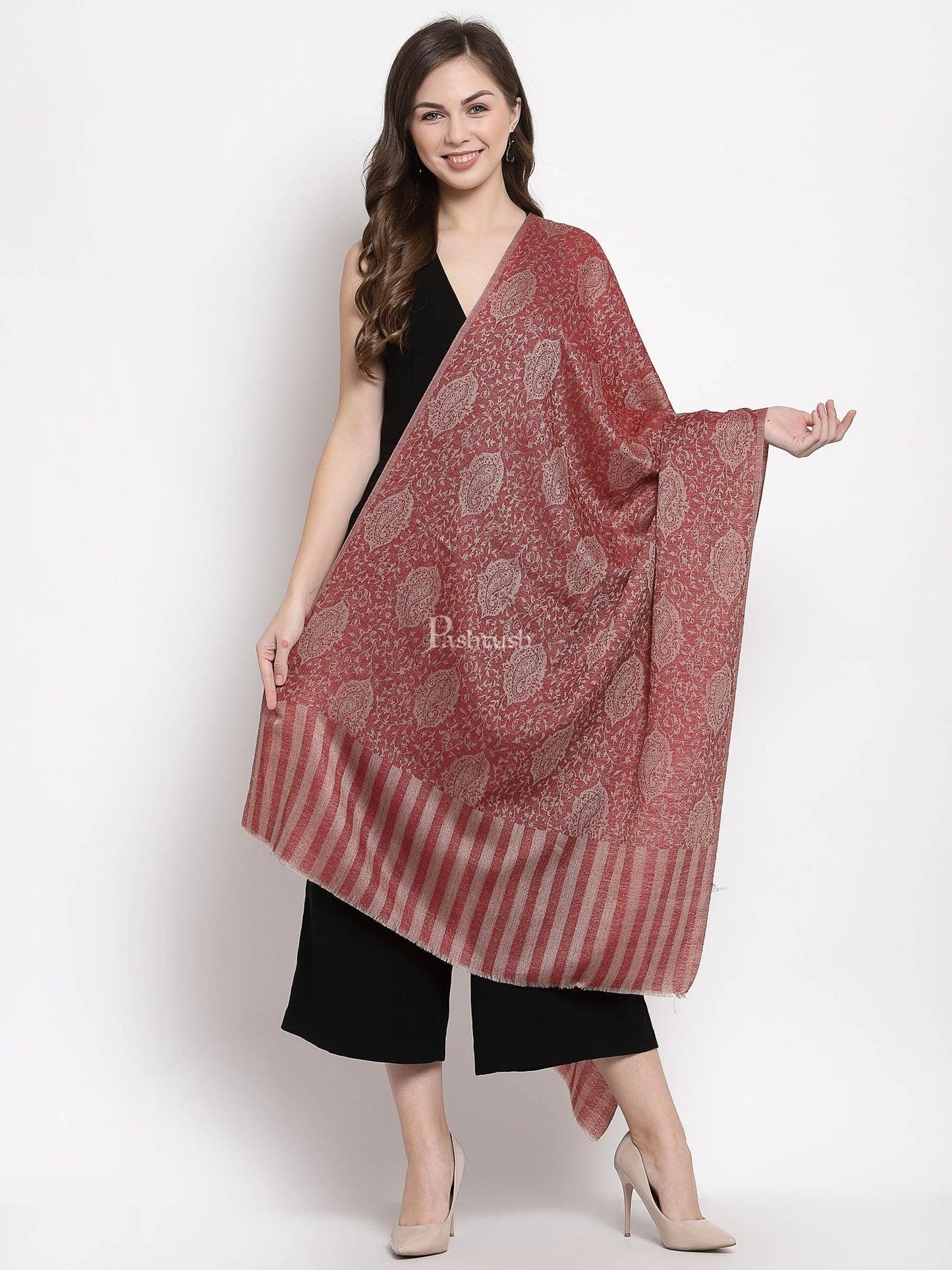 Pashtush India Gift Pack Pashtush His And Her Set Of Self Paisley Weave Stoles With Premium Gift Box Packaging, Black And Ruby