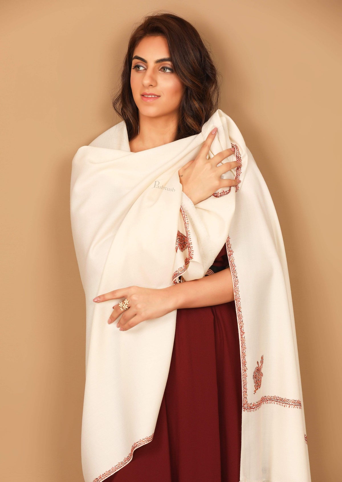 Pashtush India 100x200 Pashtush Kashmiri 100% Hand Embroidery Shawl - Kingri design