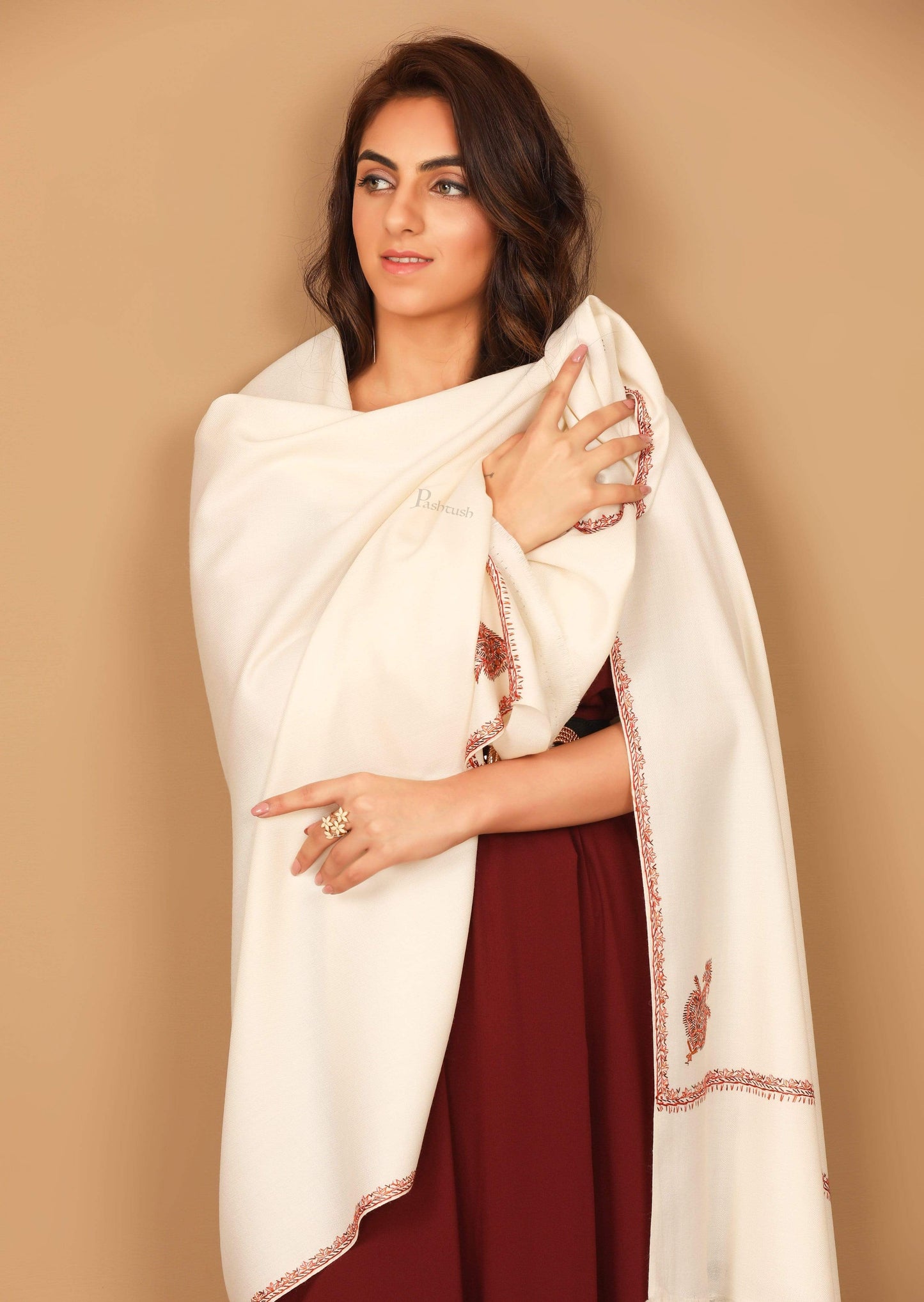 Pashtush India 100x200 Pashtush Kashmiri 100% Hand Embroidery Shawl - Kingri design