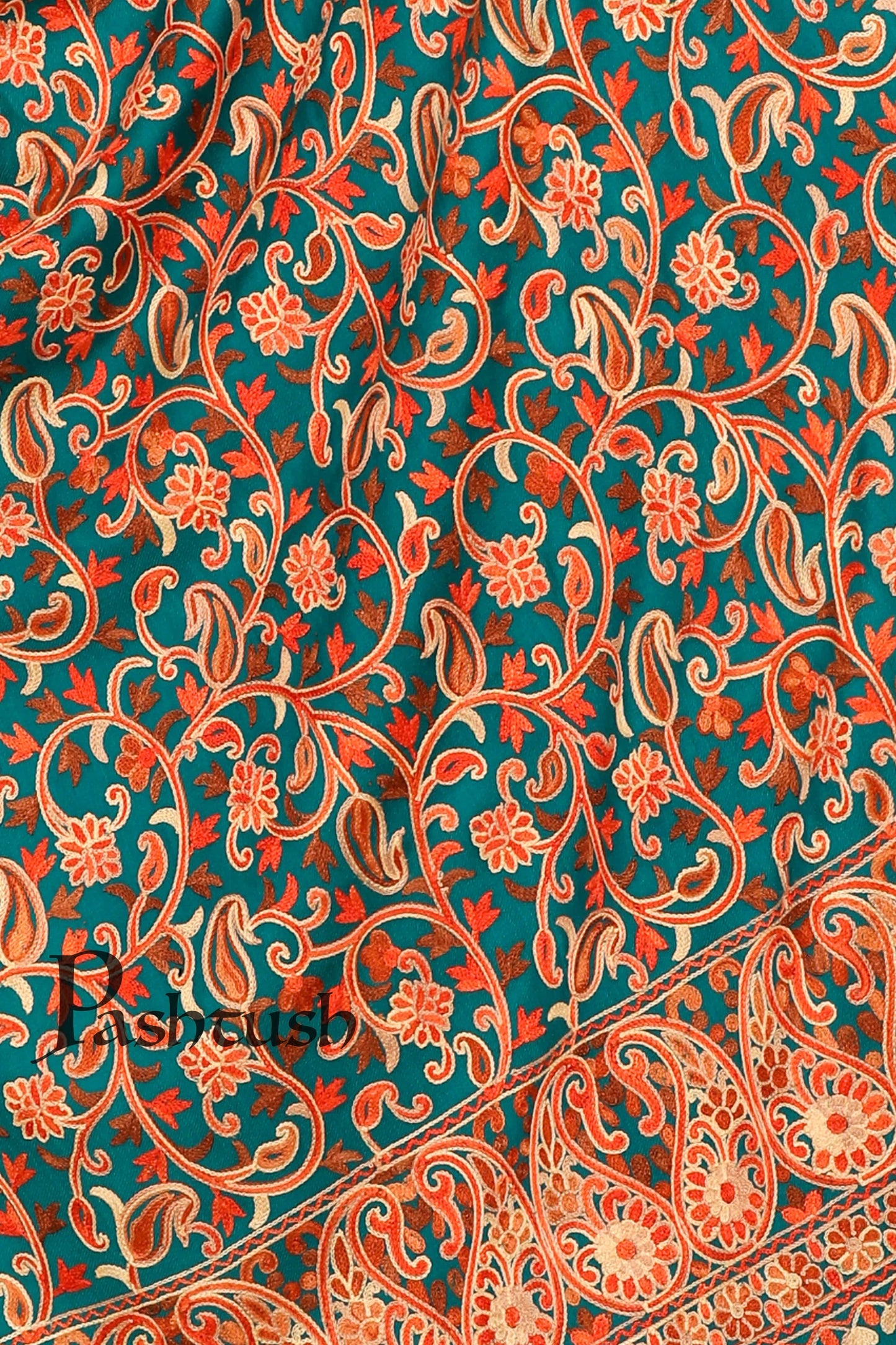 Pashtush India Stole Pashtush Kashmiri Aari Embroidery Stole, Fine Wool, Arabic Blue