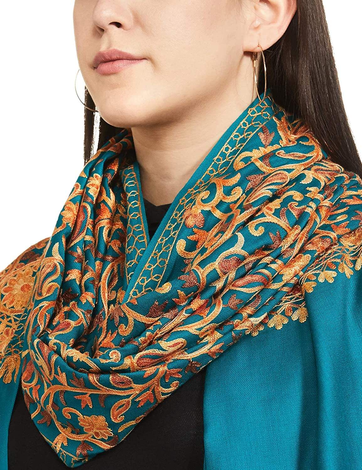 Pashtush India 70x200 Pashtush Kashmiri Aari Embroidery Stole, Fine Wool, Arabic Blue