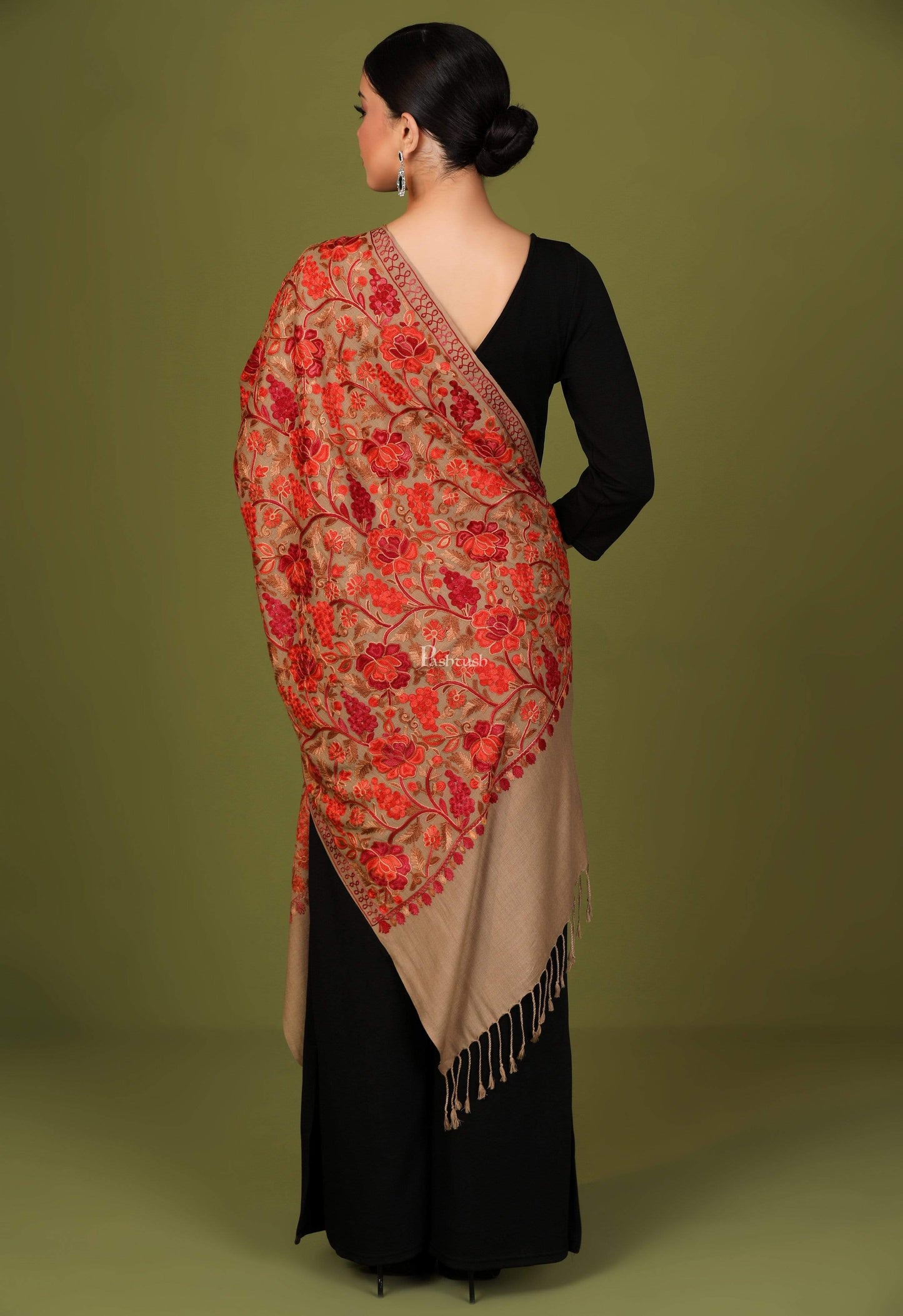 Pashtush India 70x200 Pashtush Kashmiri Aari Embroidery Stole, Fine Wool, Beige