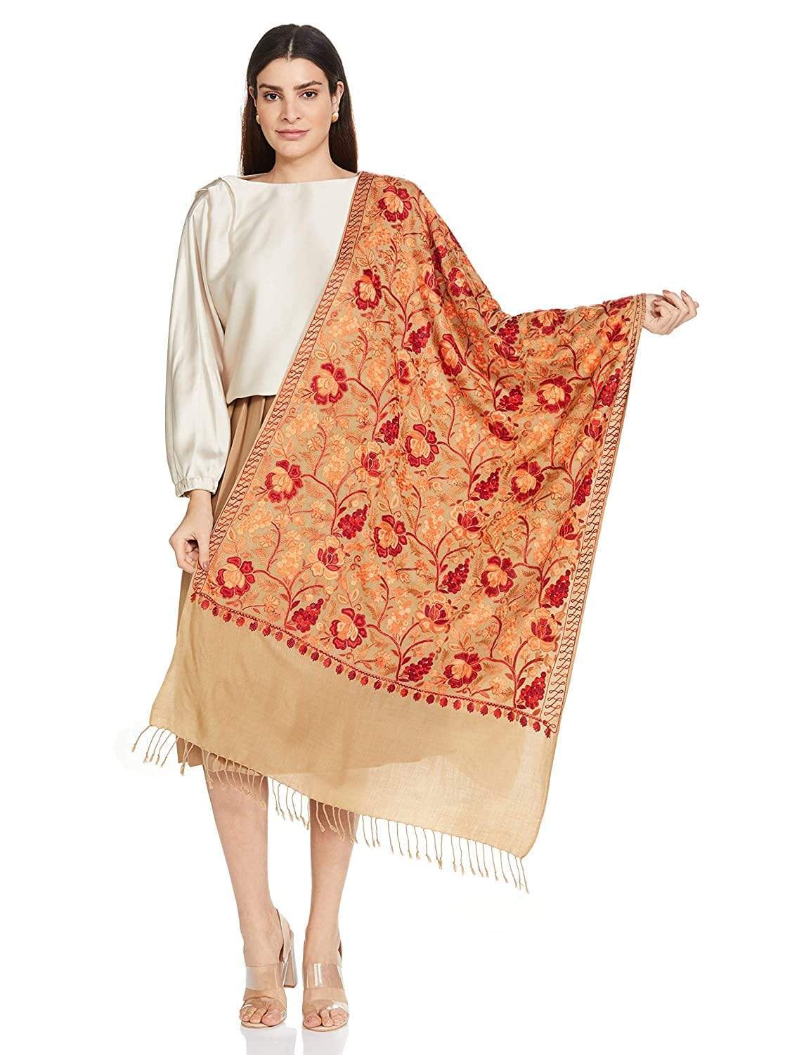 Pashtush India 70x200 Pashtush Kashmiri Aari Embroidery Stole, Fine Wool, Beige