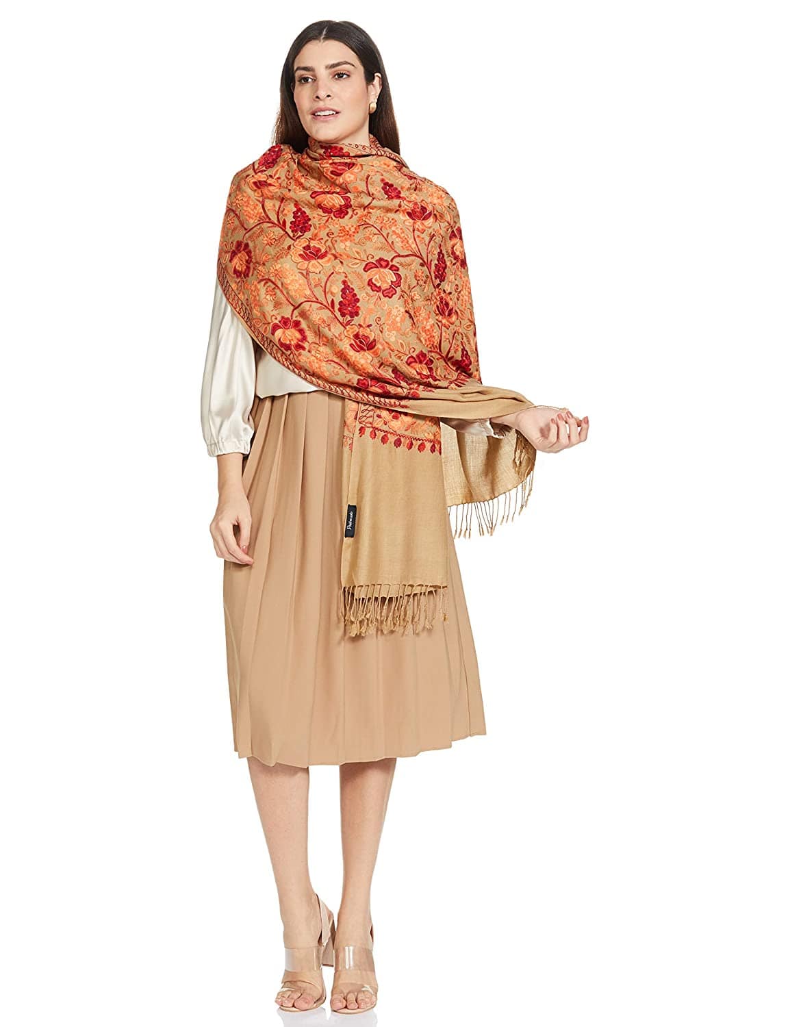 Pashtush India 70x200 Pashtush Kashmiri Aari Embroidery Stole, Fine Wool, Beige