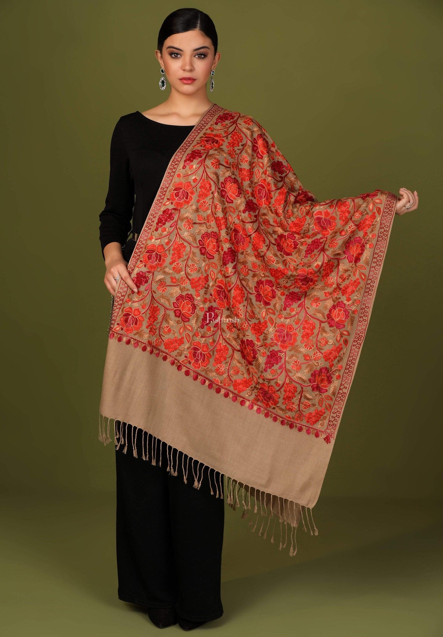 Pashtush India 70x200 Pashtush Kashmiri Aari Embroidery Stole, Fine Wool, Beige