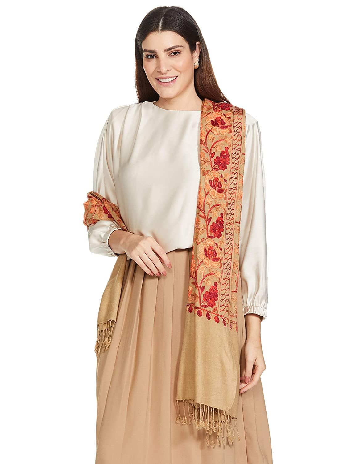 Pashtush India 70x200 Pashtush Kashmiri Aari Embroidery Stole, Fine Wool, Beige