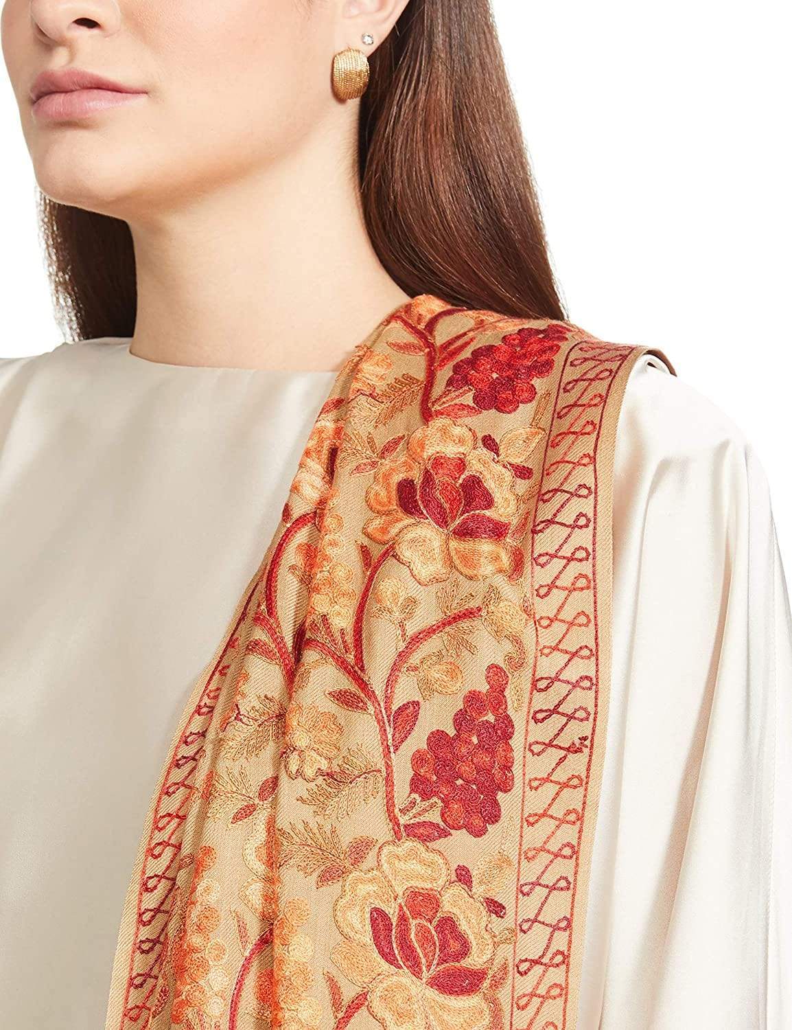 Pashtush India 70x200 Pashtush Kashmiri Aari Embroidery Stole, Fine Wool, Beige