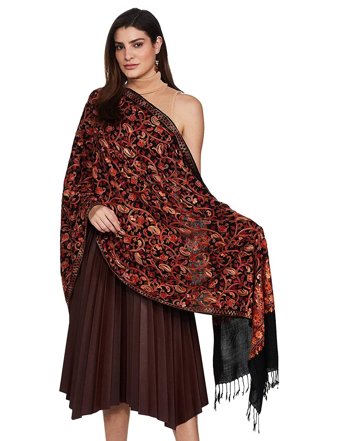 Pashtush India 70x200 Pashtush Kashmiri Aari Embroidery Stole, Fine Wool, Black