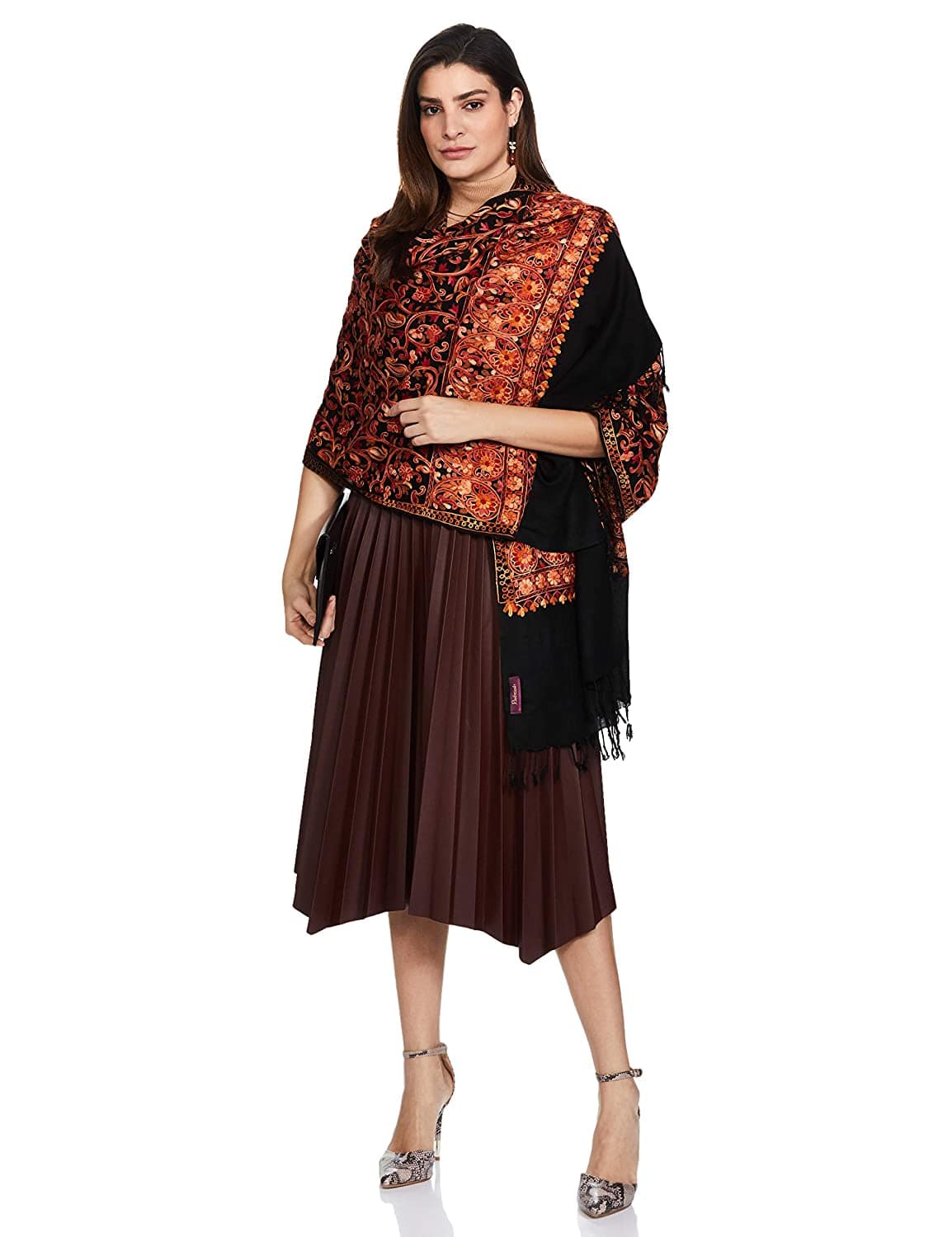 Pashtush India 70x200 Pashtush Kashmiri Aari Embroidery Stole, Fine Wool, Black