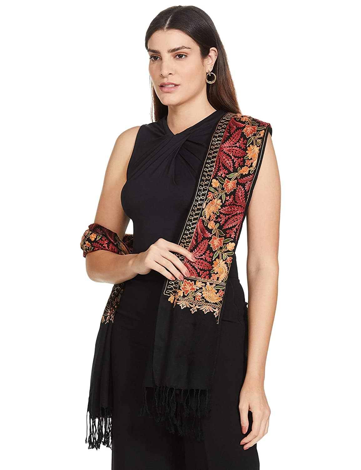Pashtush India 70x200 Pashtush Kashmiri Aari Embroidery Stole, Fine Wool, Black