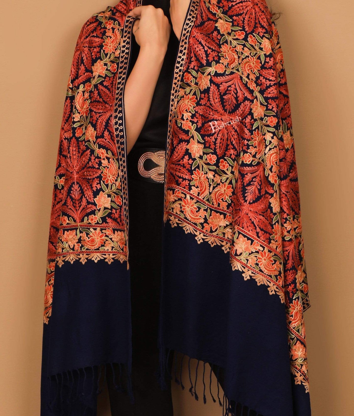 Pashtush India 70x200 Pashtush Kashmiri Aari Embroidery Stole, Fine Wool, Black