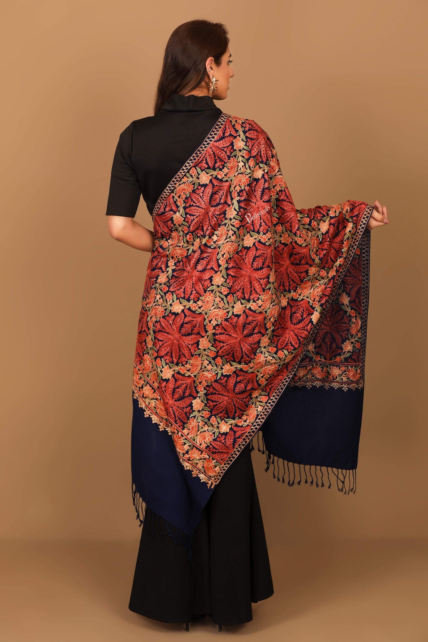 Pashtush India 70x200 Pashtush Kashmiri Aari Embroidery Stole, Fine Wool, Black