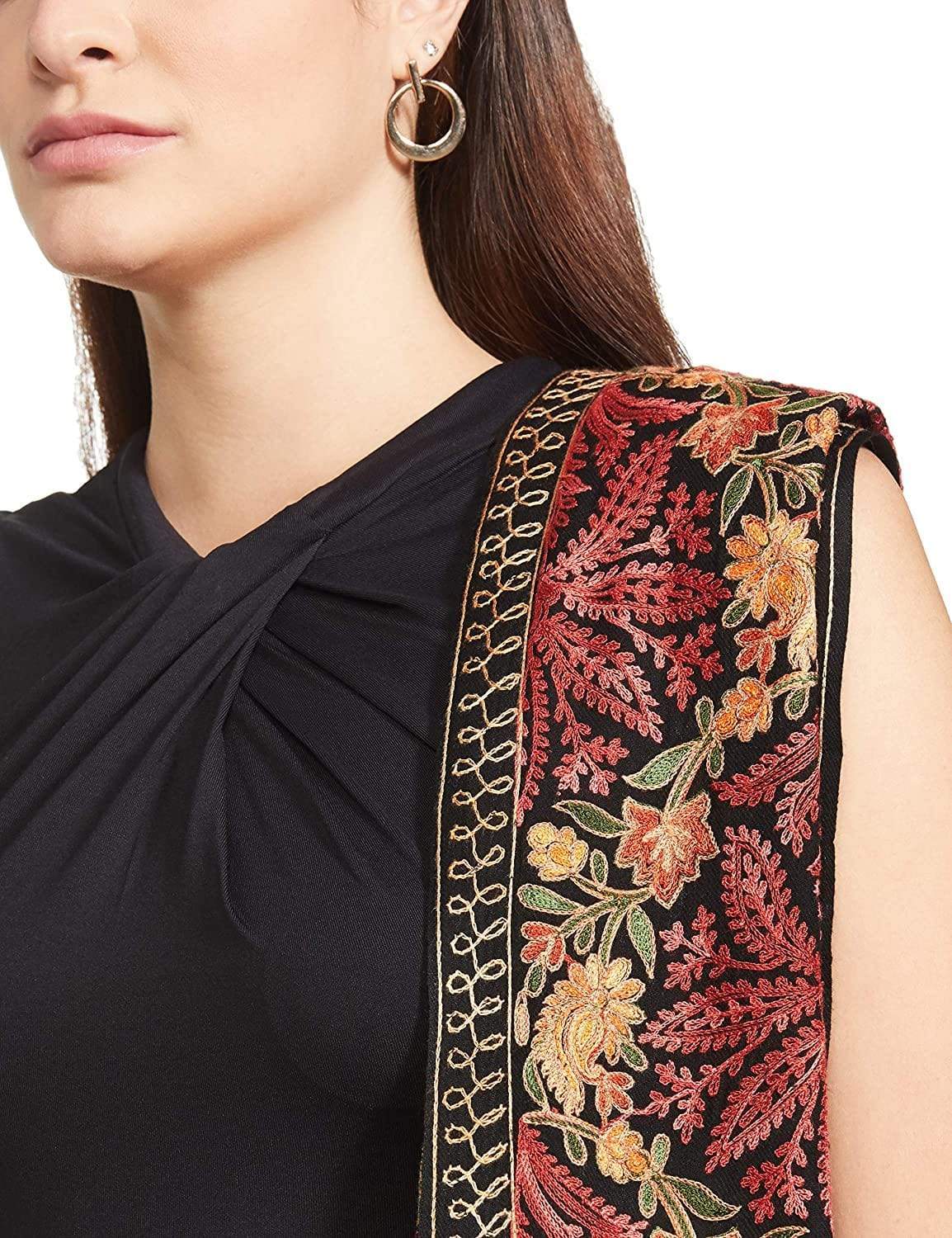 Pashtush India 70x200 Pashtush Kashmiri Aari Embroidery Stole, Fine Wool, Black