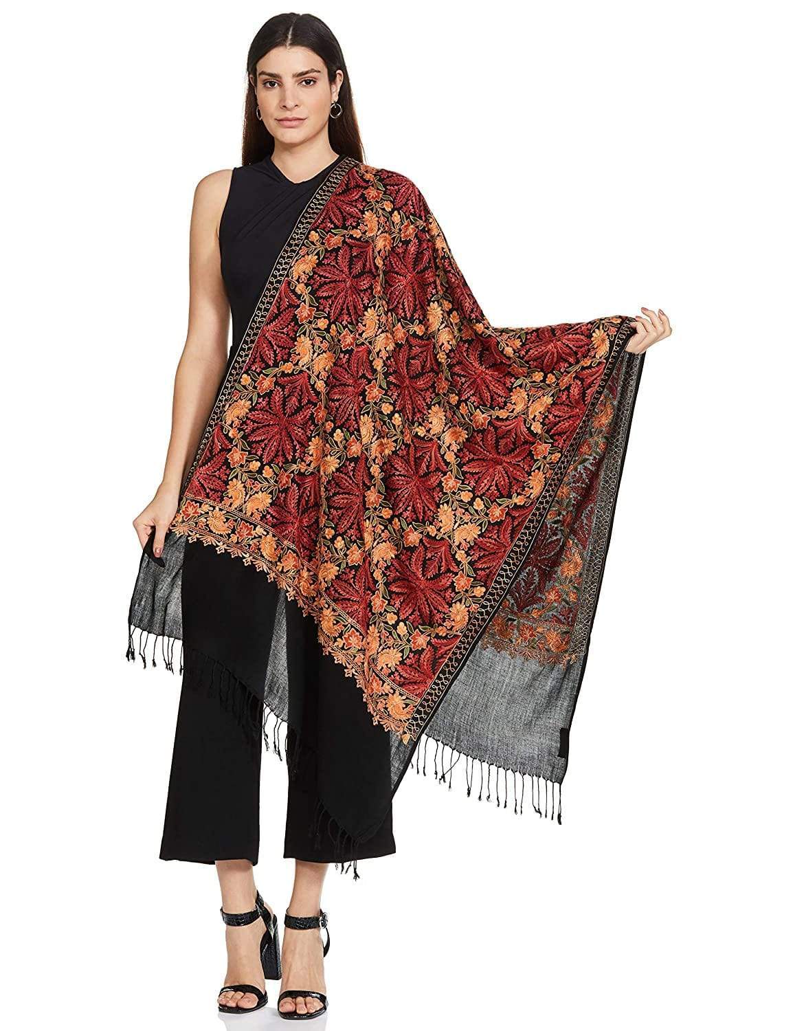 Pashtush India 70x200 Pashtush Kashmiri Aari Embroidery Stole, Fine Wool, Black