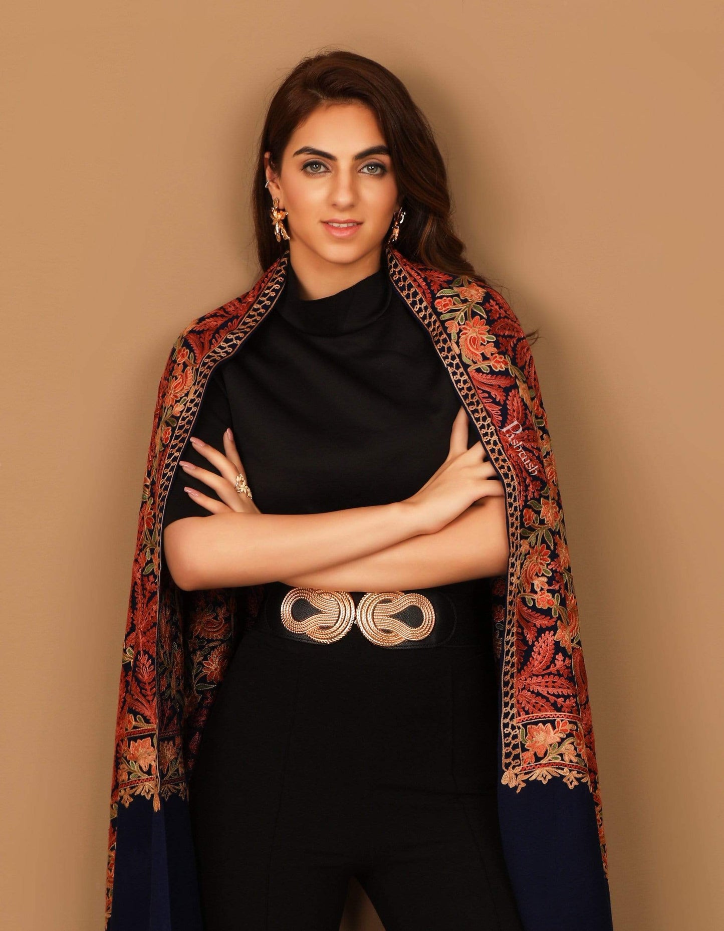 Pashtush India 70x200 Pashtush Kashmiri Aari Embroidery Stole, Fine Wool, Black