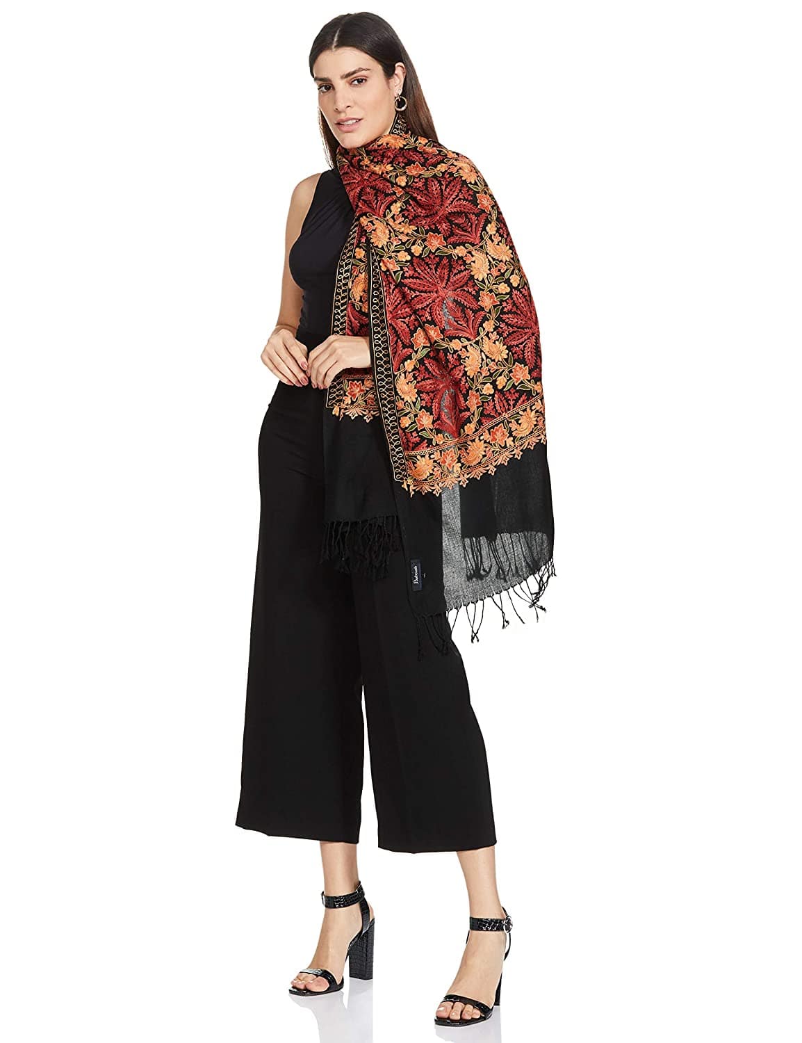Pashtush India 70x200 Pashtush Kashmiri Aari Embroidery Stole, Fine Wool, Black