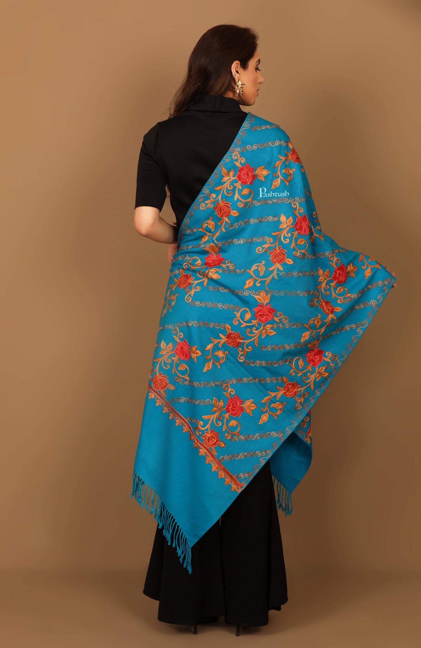 Pashtush India 70x200 Pashtush Kashmiri Aari Embroidery Stole, Fine Wool, Blue