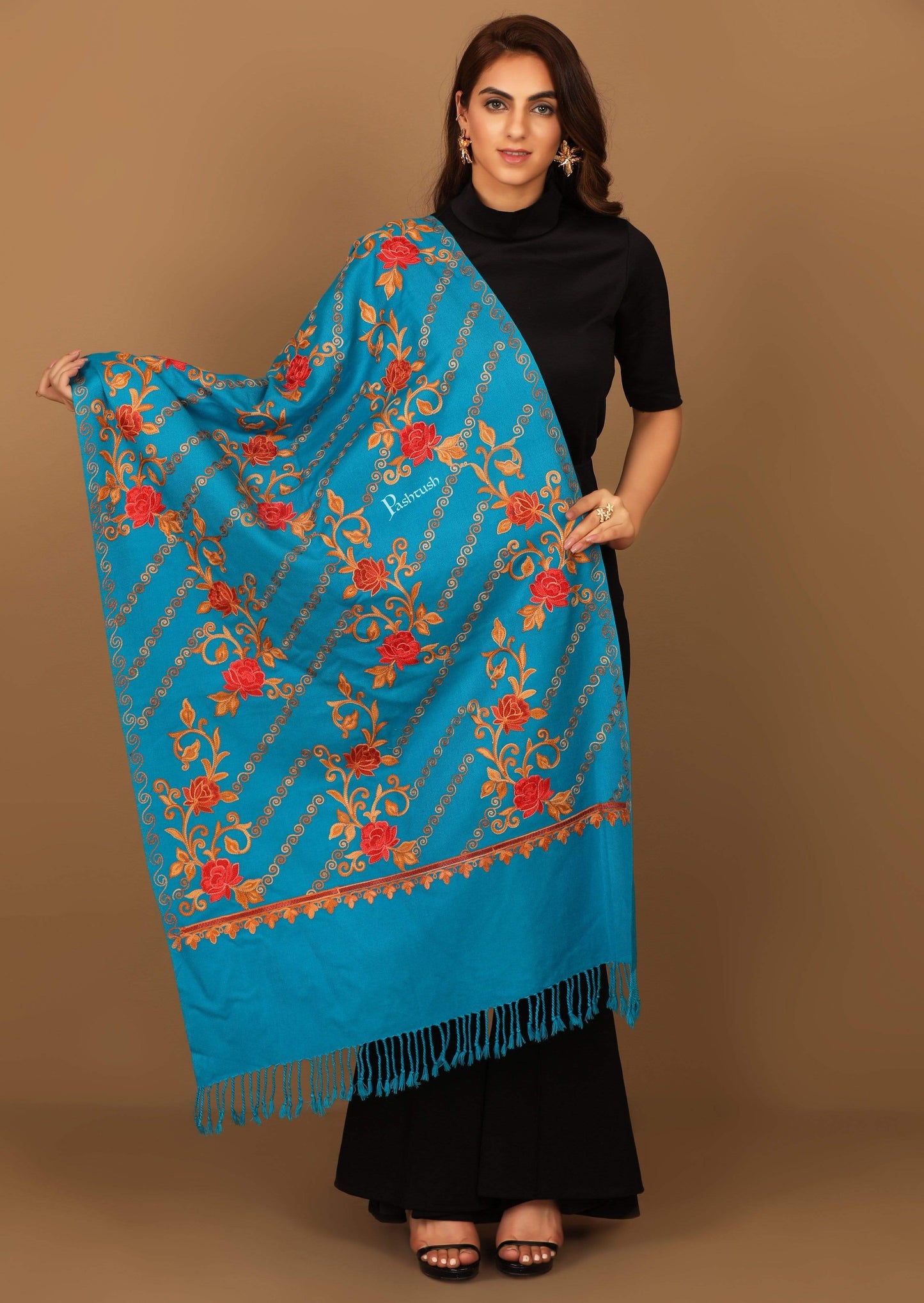 Pashtush India 70x200 Pashtush Kashmiri Aari Embroidery Stole, Fine Wool, Blue