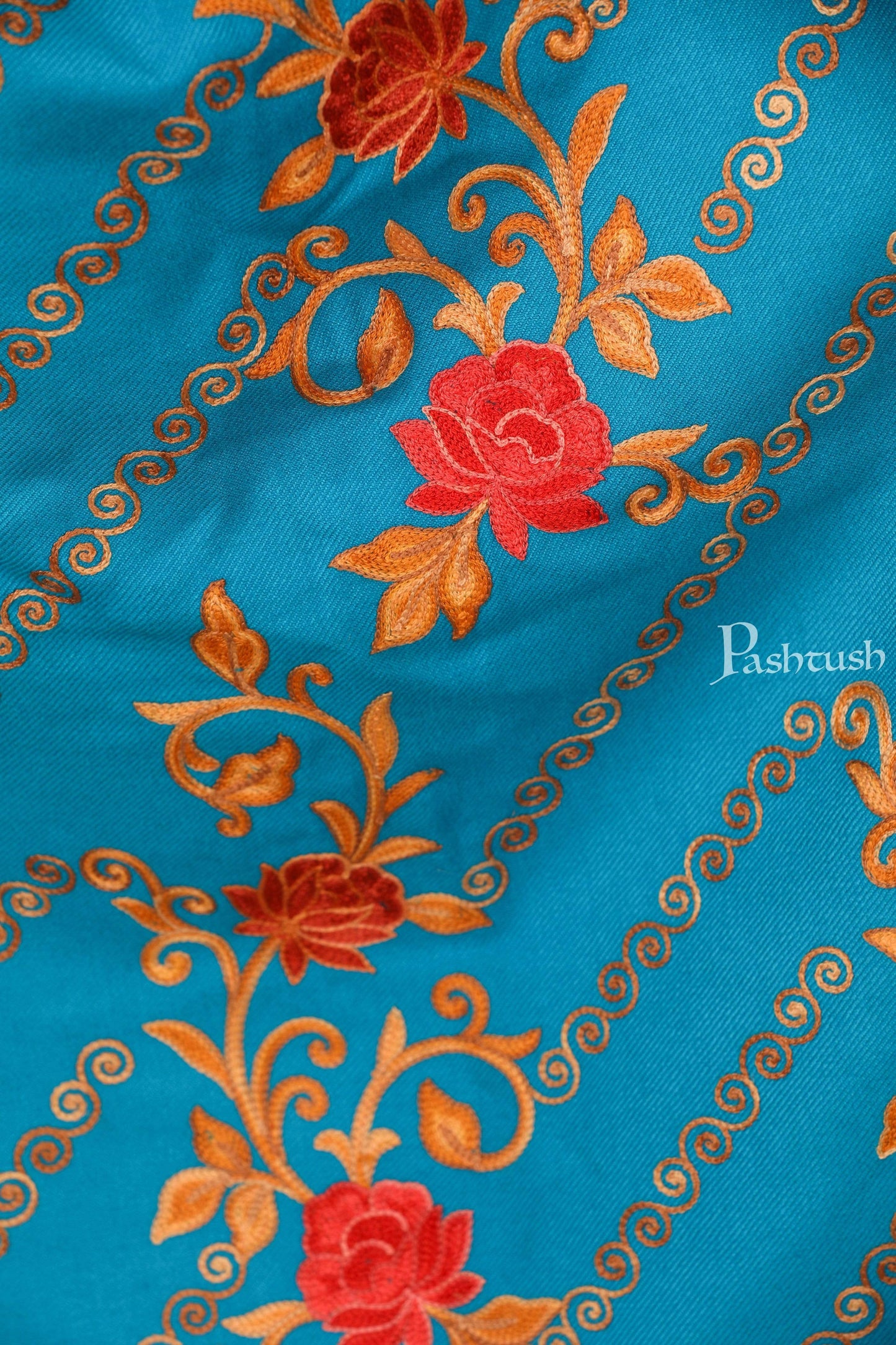 Pashtush India 70x200 Pashtush Kashmiri Aari Embroidery Stole, Fine Wool, Blue